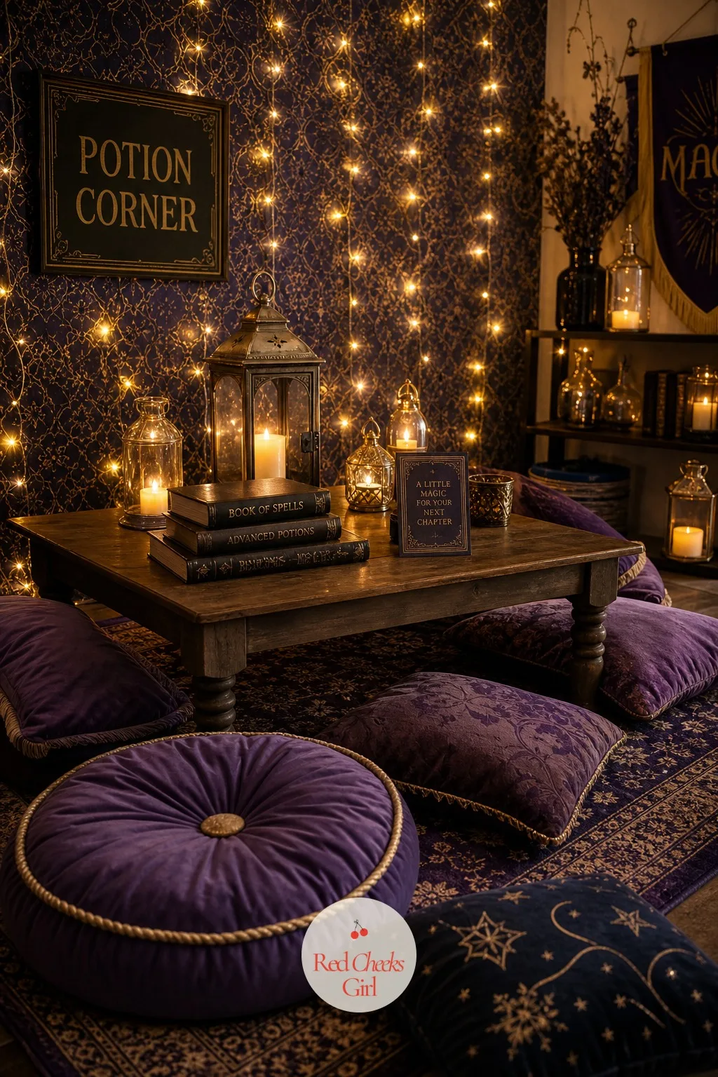 Cozy Potion Corner Reading Nook with Floor Cushions and Lanterns — Not every five year old wants to be in the thick of a party all afternoon, and this corner