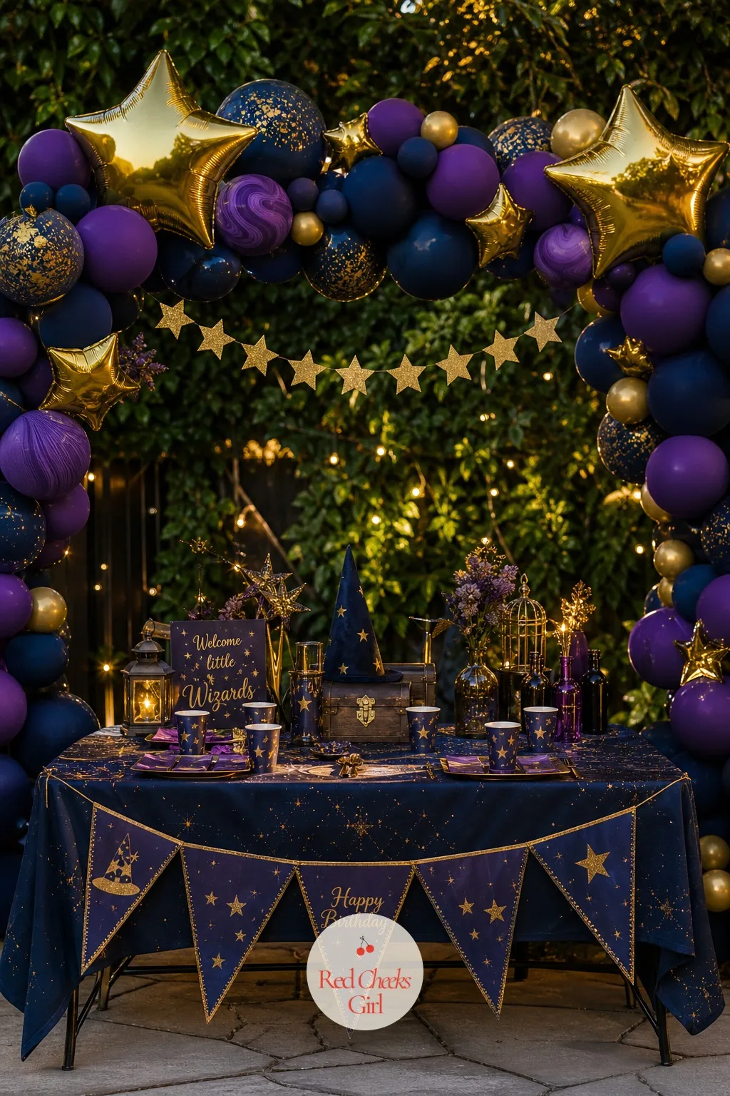 Gold Star and Balloon Garland Arch over the Party Table — A flat doorway photographs as nothing at all. Magic birthday party