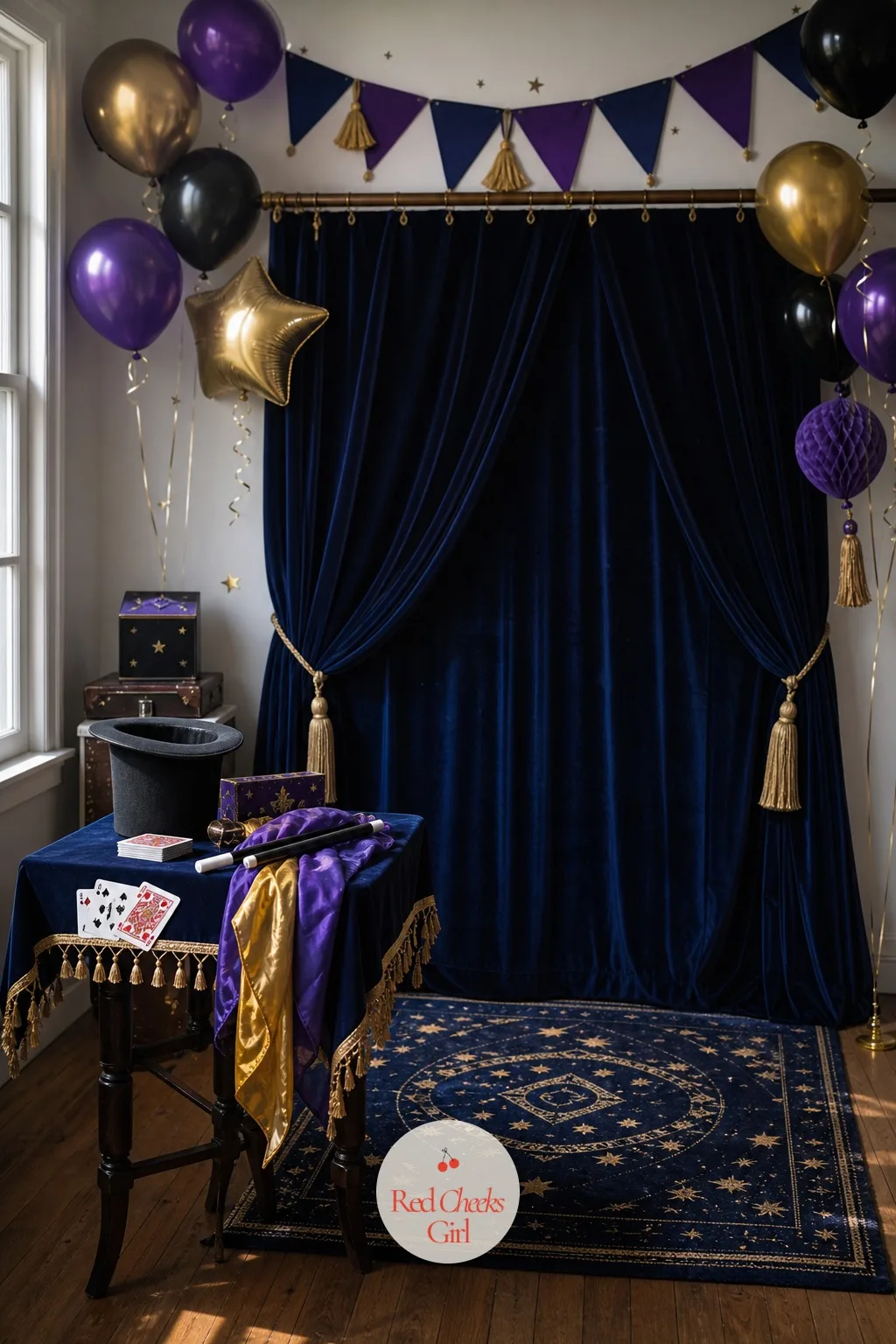 Magic Show Corner with Curtain, Top Hat and Table of Props — A living room has no natural stage, so build one. Magic birthday party