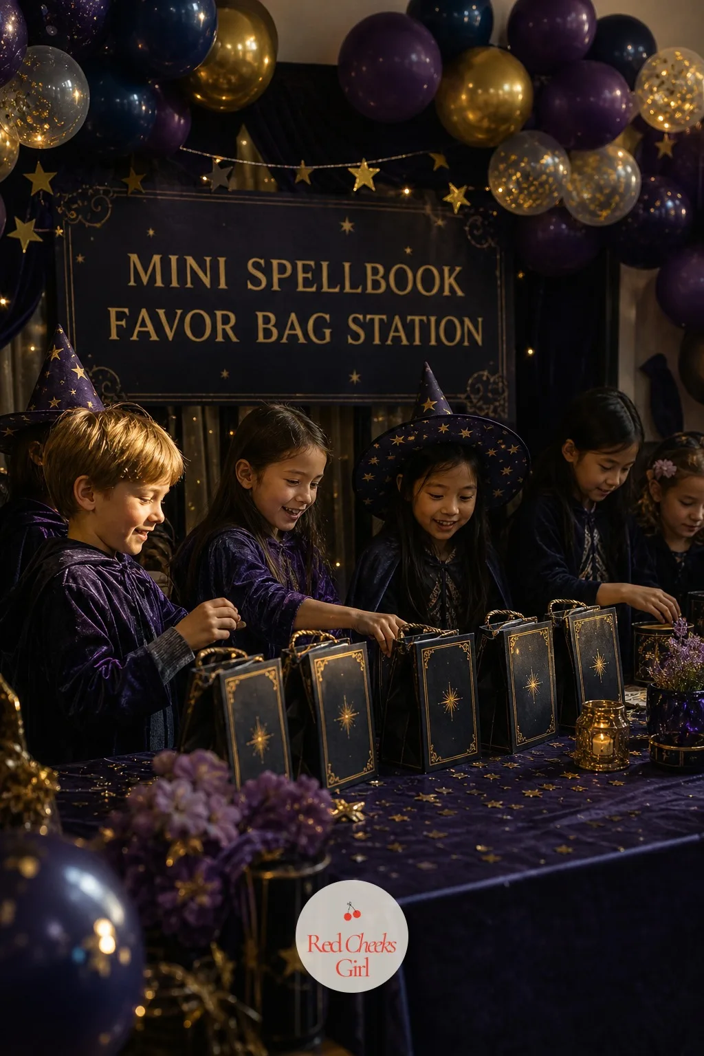 Mini Spellbook Favor Bag Station — A pile of plastic goodie bags on a chair at the end of the party looks like an afterthought because it usually is one. Magic