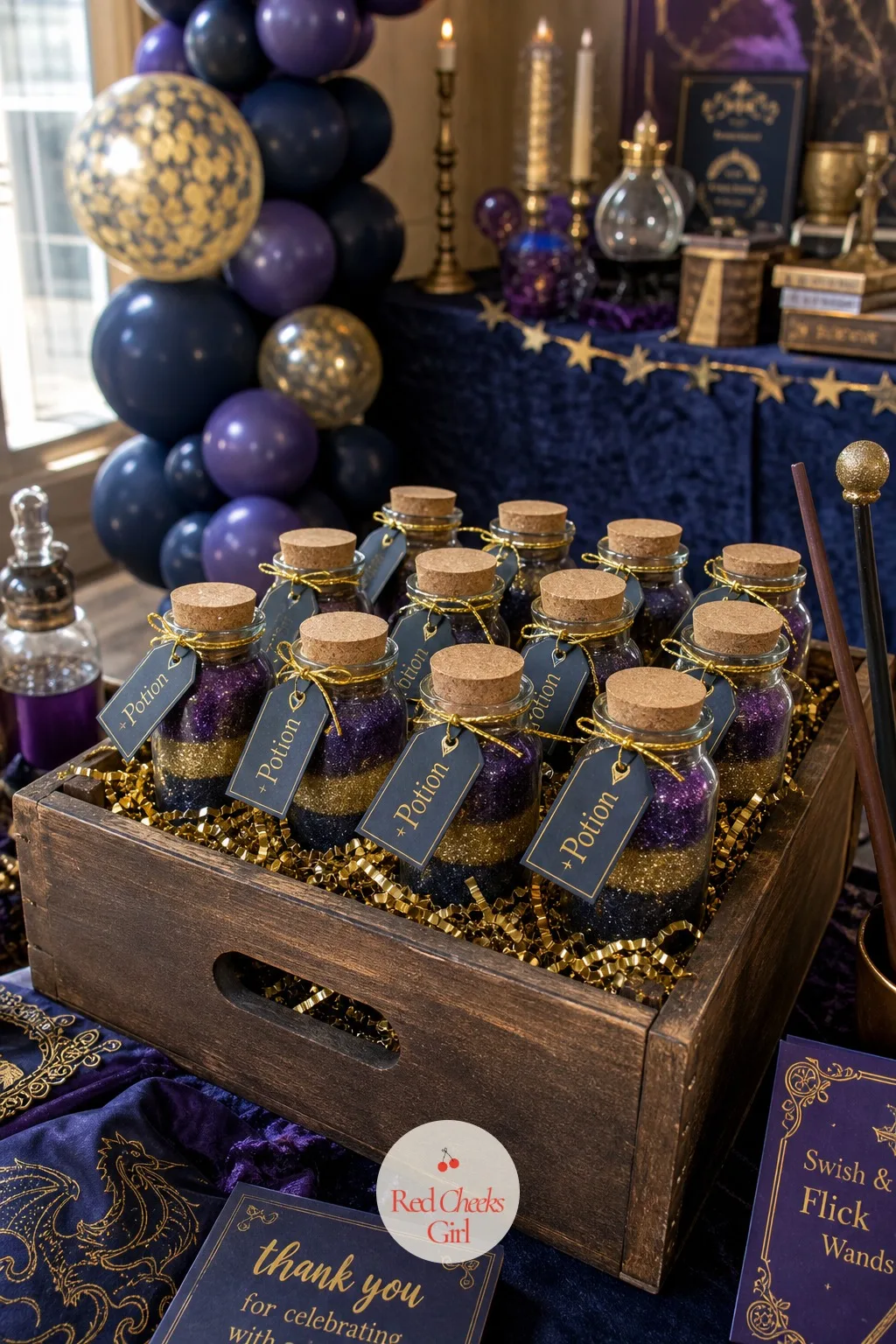 Potion Jar Favors in a Wooden Crate — Loose candy in a bag gets crushed before it reaches the car. Magic birthday party