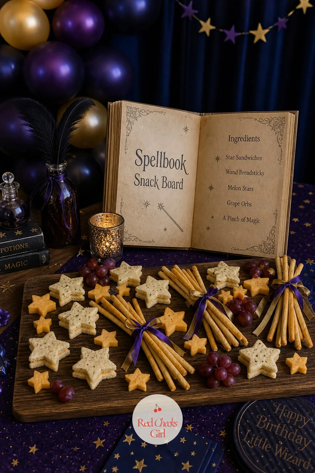 Spellbook Snack Board of Star Sandwiches and Wand Breadsticks — Sweets alone will leave half the party hungry by the time games start. Magic birthday party