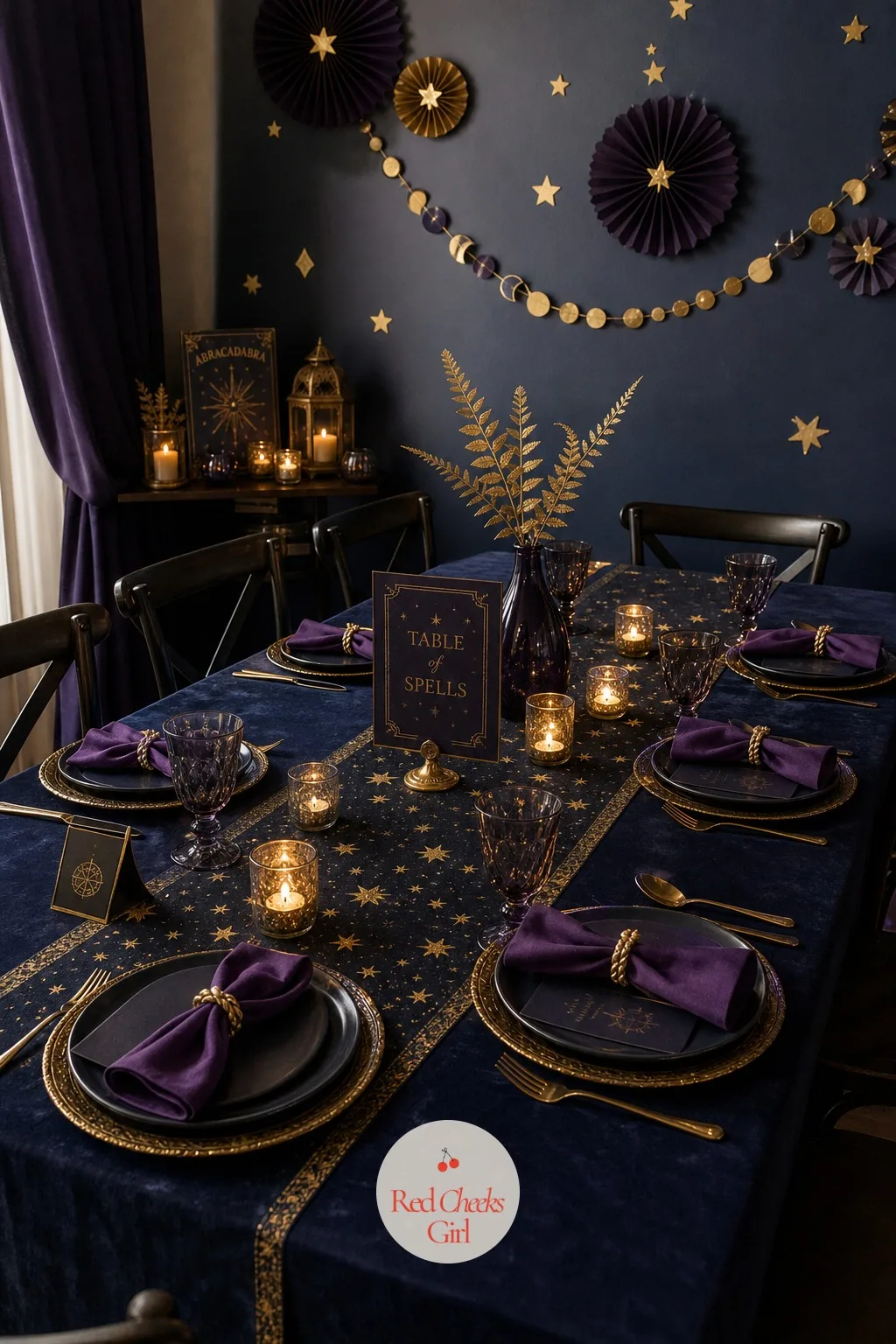 Spellbound Table Setting in Navy, Violet and Gold — Paper plates and a plain cloth will not carry this theme on their own. Magic birthday party