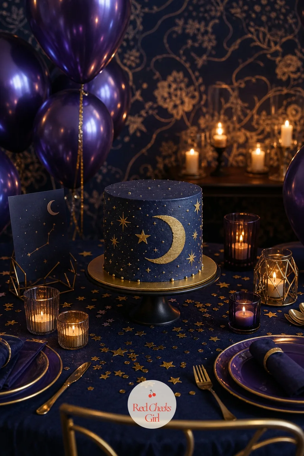 Star and Moon Birthday Cake Reveal Table — A single tier cake iced in deep navy with a gold star and crescent moon piped across the side, set on a cake stand