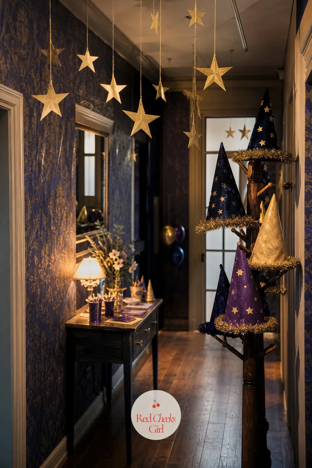 Starlit Entrance with Hanging Paper Stars and a Hat Rack of Pointed Hats — She will worry the hallway is just the bit guests walk through on the way to the