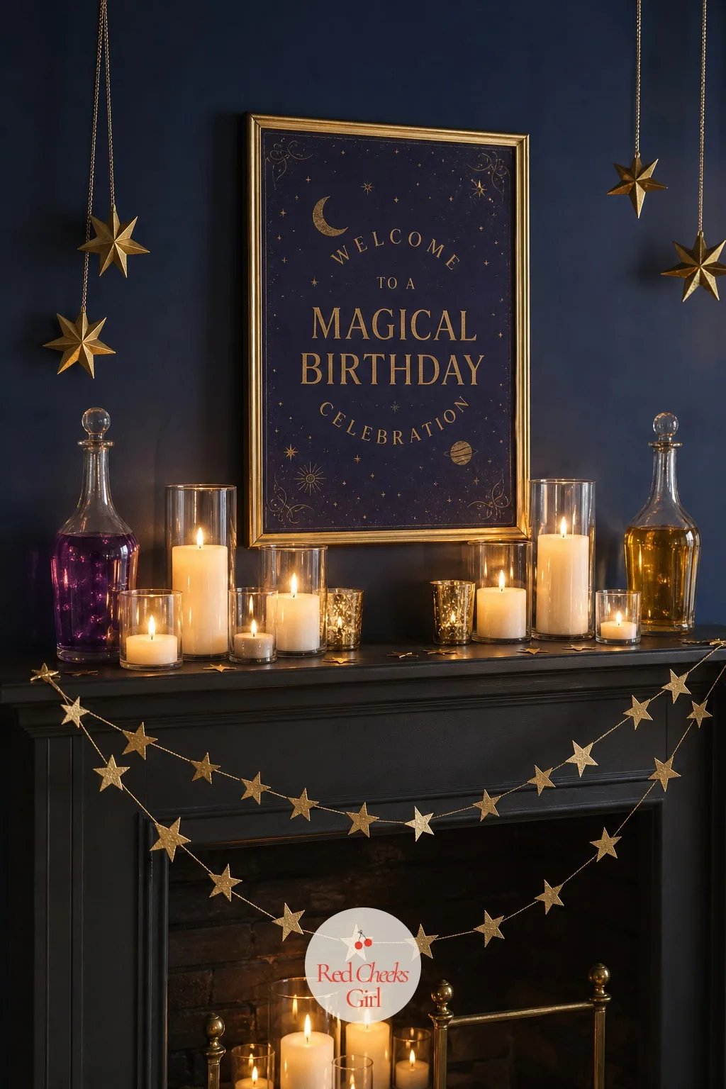 Starry Mantel Display with Candles and Gold Star Garland — A bare mantel or shelf behind the party pulls focus from everything in front of it. Magic birthday