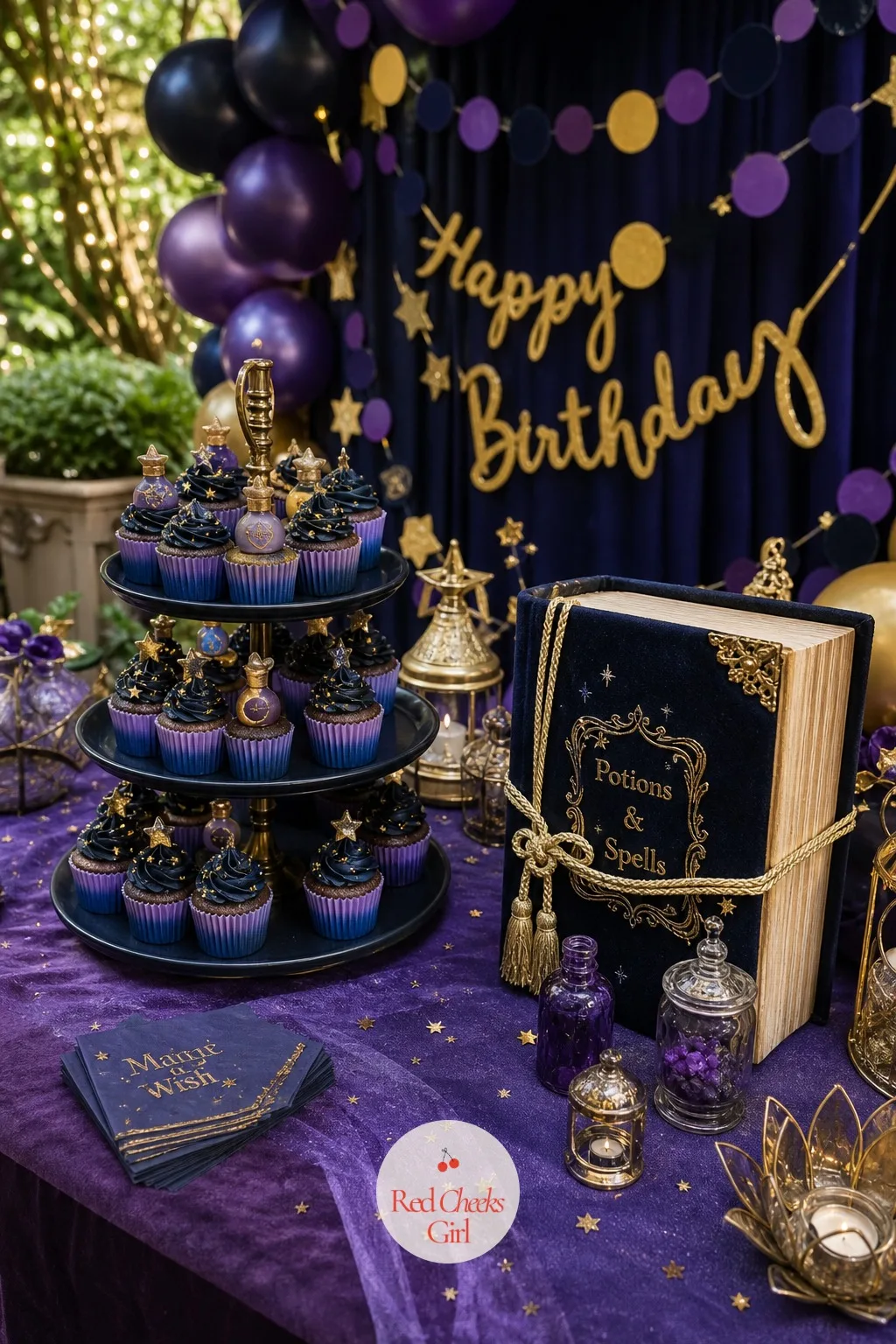 Starry Ombre Cupcake Table with Potion Toppers in a Spellbook Box — A plain cupcake stand on a bare table looks like an afterthought. Magic birthday party