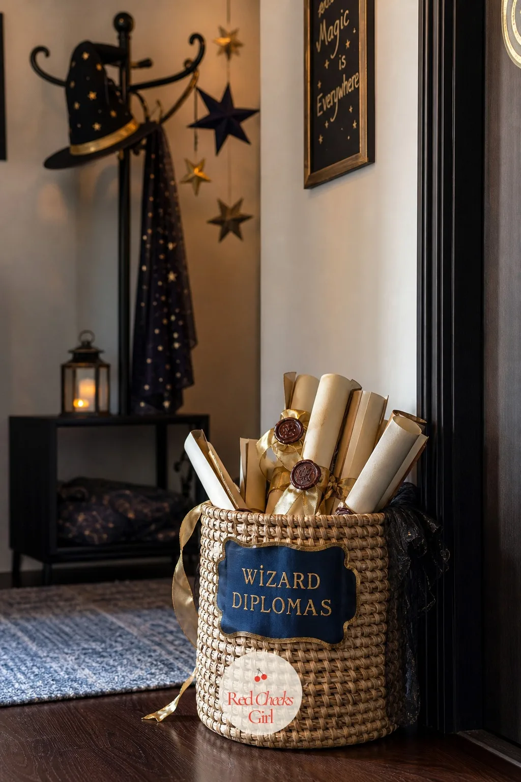 Wizard Diploma Scroll Basket by the Door — A certificate printed flat on paper gets folded into a pocket and forgotten by the car ride home. Magic birthday