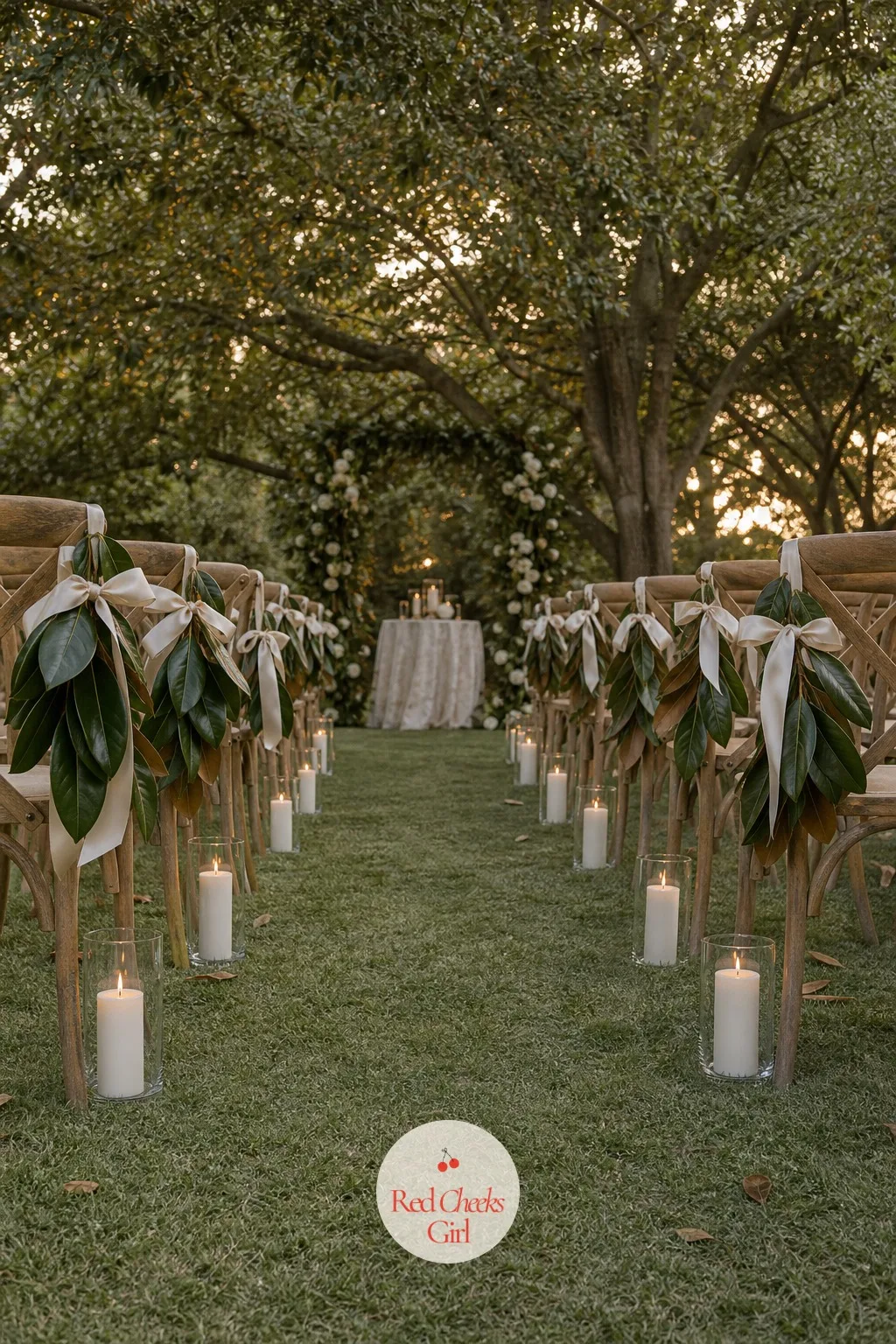 Aisle Lined with Magnolia Leaf Swags — The aisle itself should not feel like an afterthought between the arch and the first row of chairs. Magnolia wedding