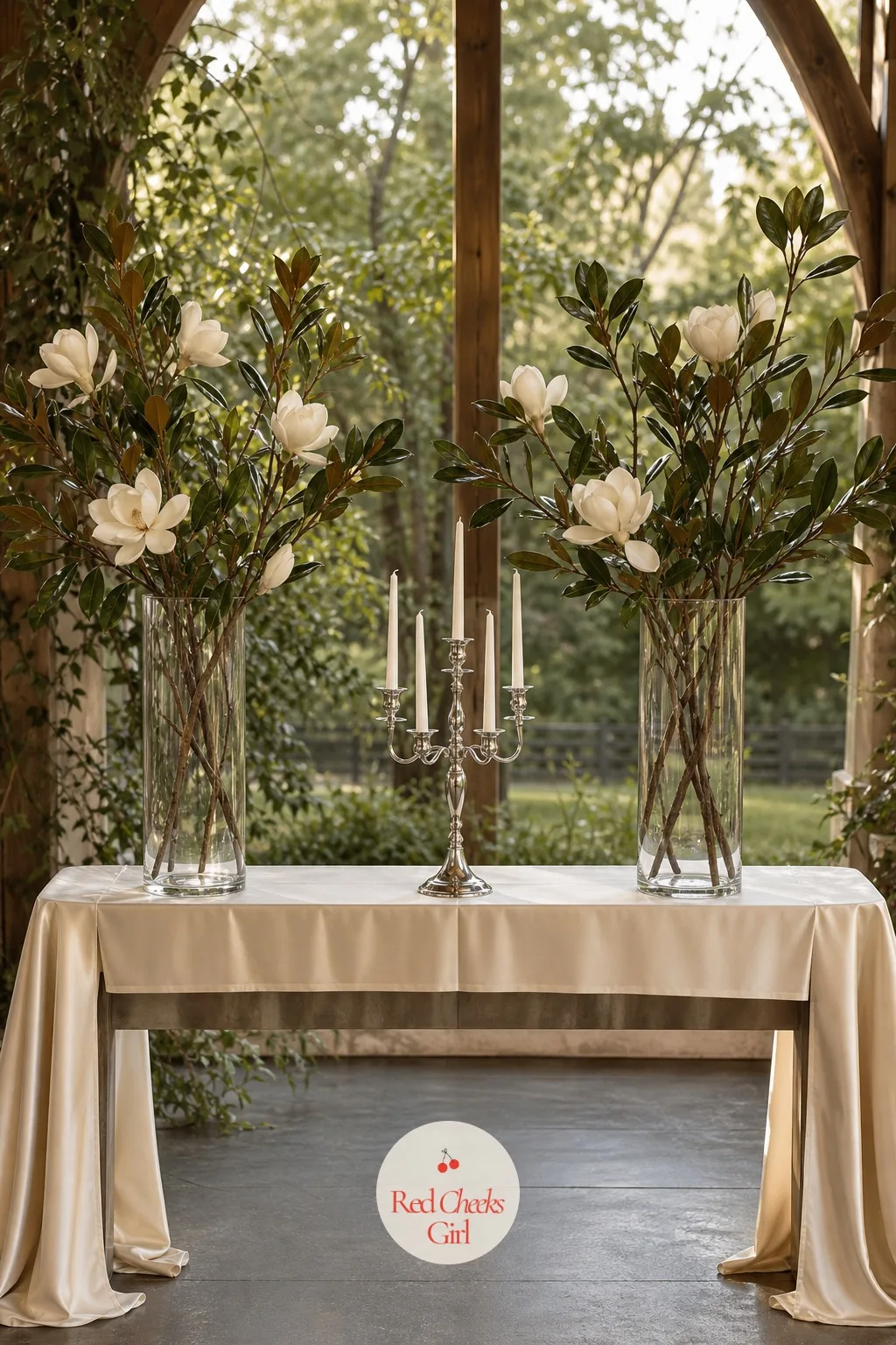 Altar Table with a Magnolia Branch Display — Behind where the couple actually stands, a small altar table holds the ceremony's second, quieter moment: unity