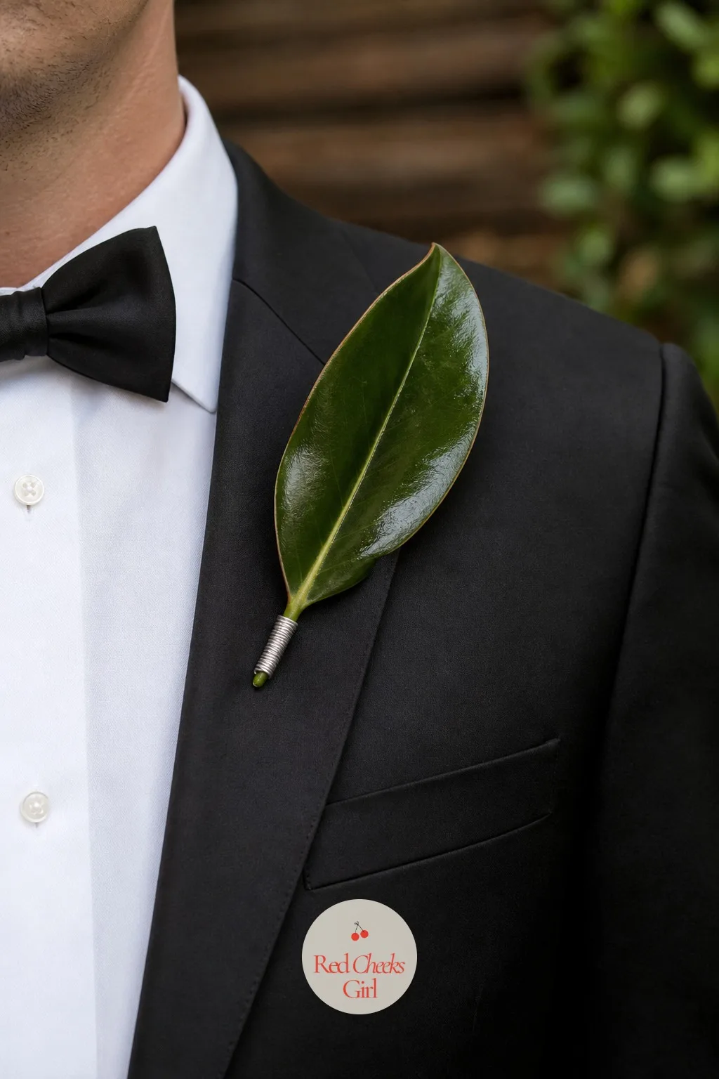 Boutonnieres with a Single Magnolia Leaf — For the groom and groomsmen, the theme shrinks down to almost nothing: one small magnolia leaf, folded or pinned