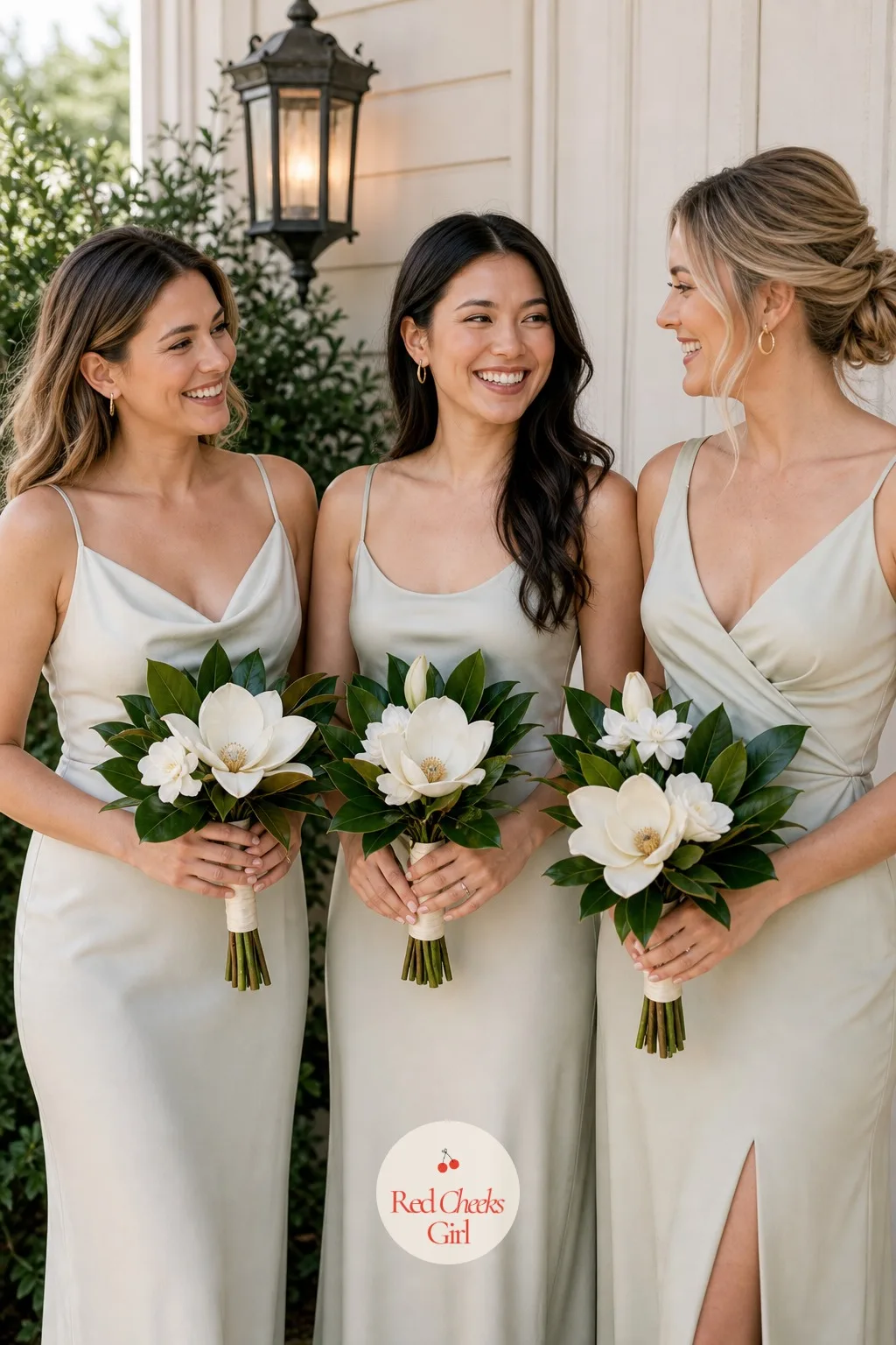 Bridesmaid Bouquets in Magnolia and Greenery — Scaled down from the bride's, the bridesmaid bouquets repeat the same white and green but smaller, so the bridal