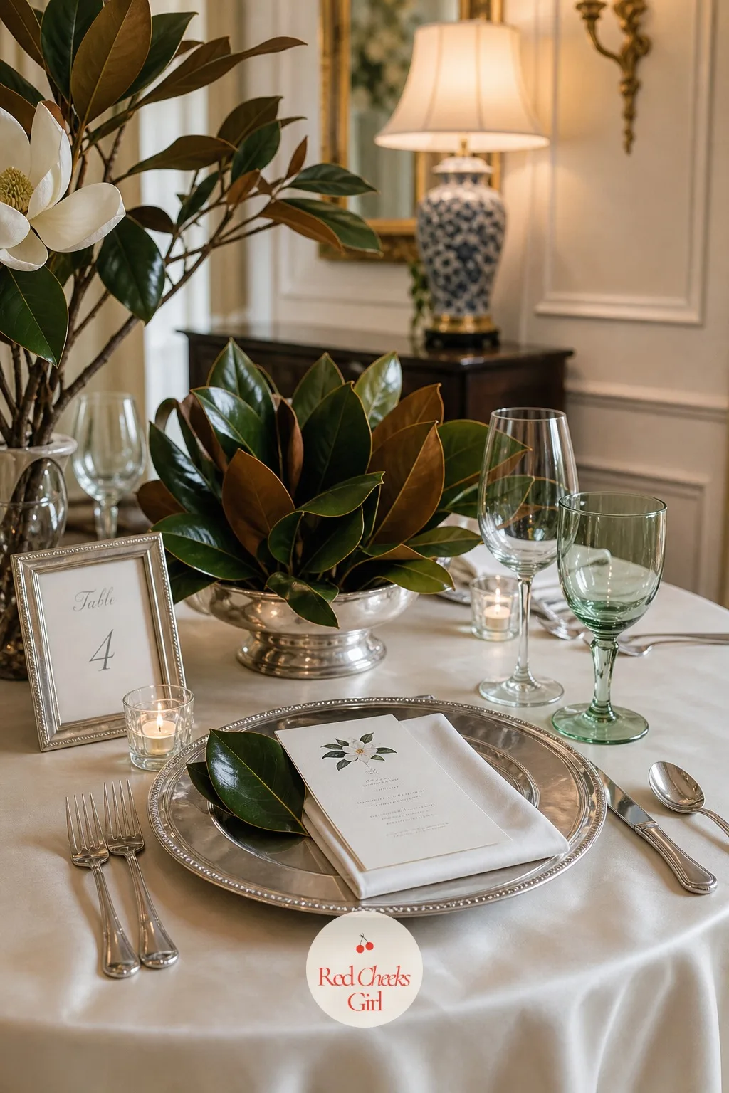 Cream and Green Tablescape with Silver — At each place setting, the theme gets its most formal moment: this is the table a guest actually eats from, and it