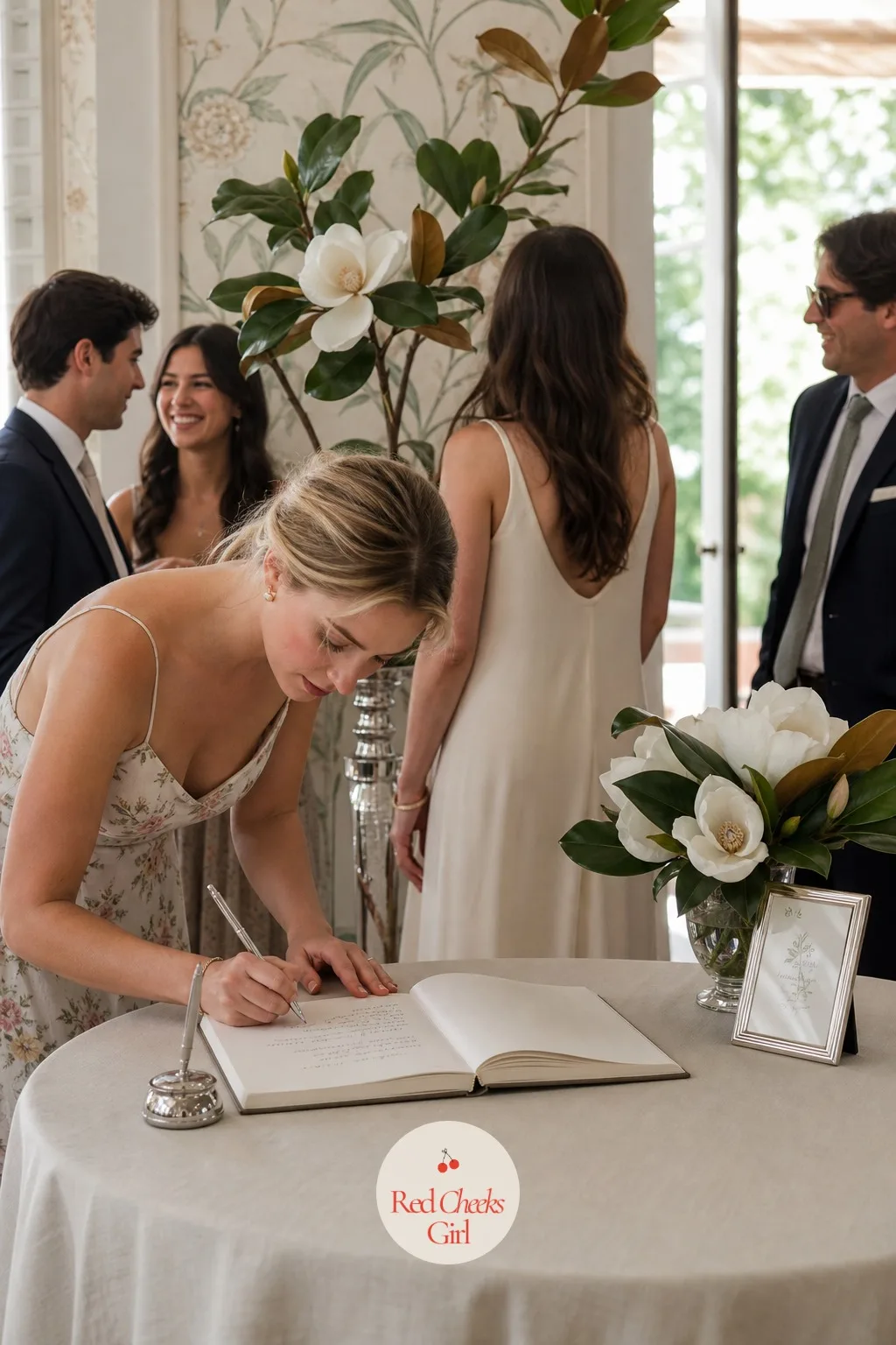 Guest Book Table with a Magnolia Branch Display — Near the entrance, before the ceremony even starts, the guest book table gives arriving guests something to