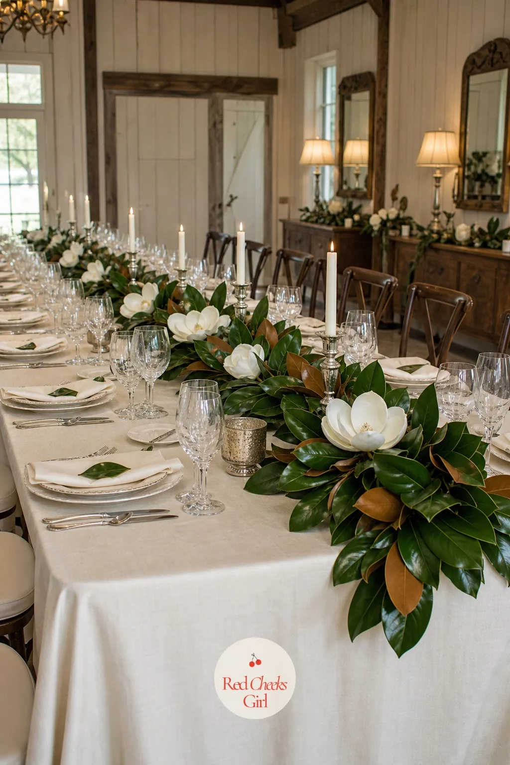 Long Tables with Magnolia Leaf Garlands and White Magnolia Blooms — Down the center of a long table, nothing looks richer than a garland that never stops.