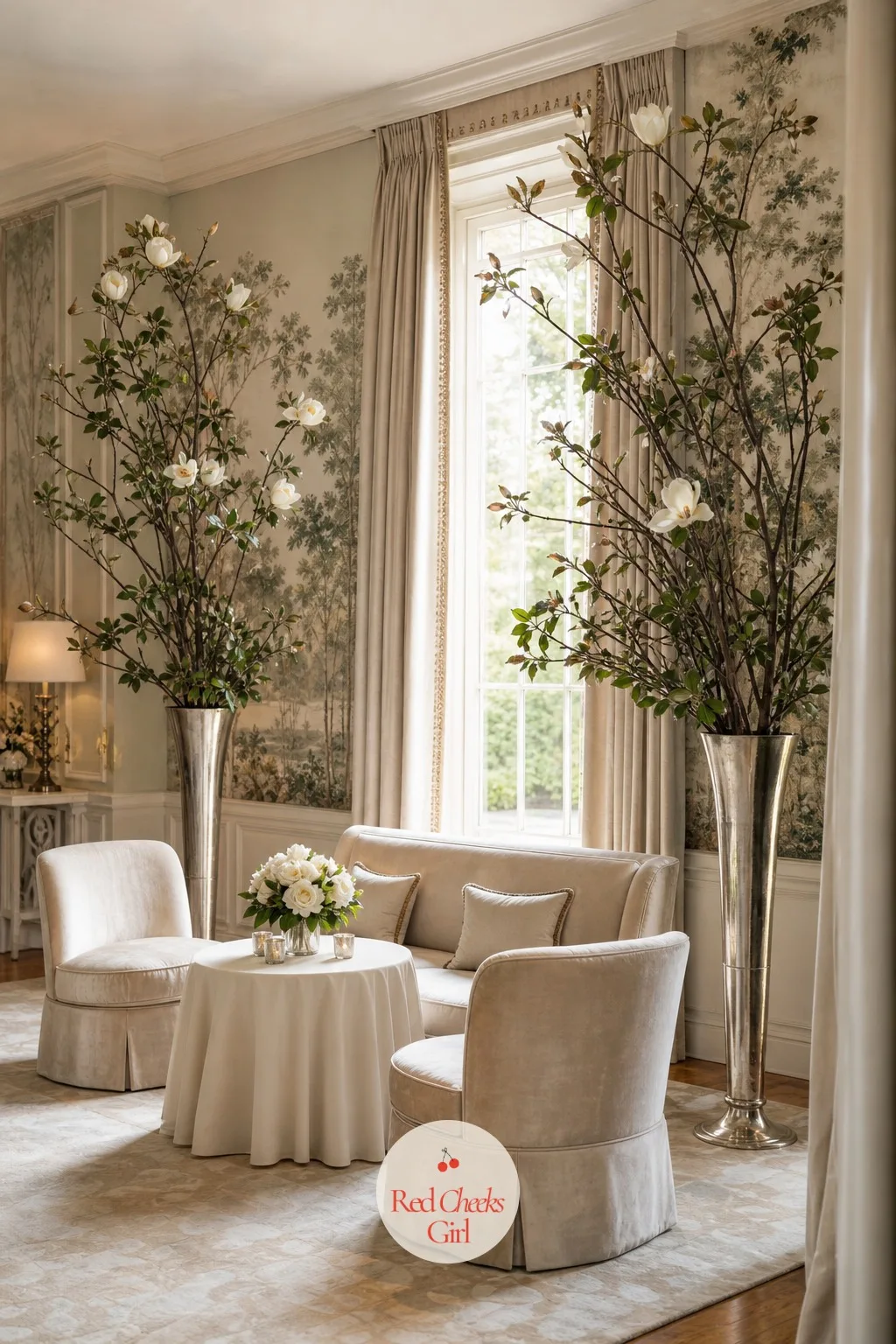 Lounge Corner with Magnolia Branches in Tall Urns — If dinner runs long, guests need somewhere to drift to, and a lounge corner gives them one without pulling