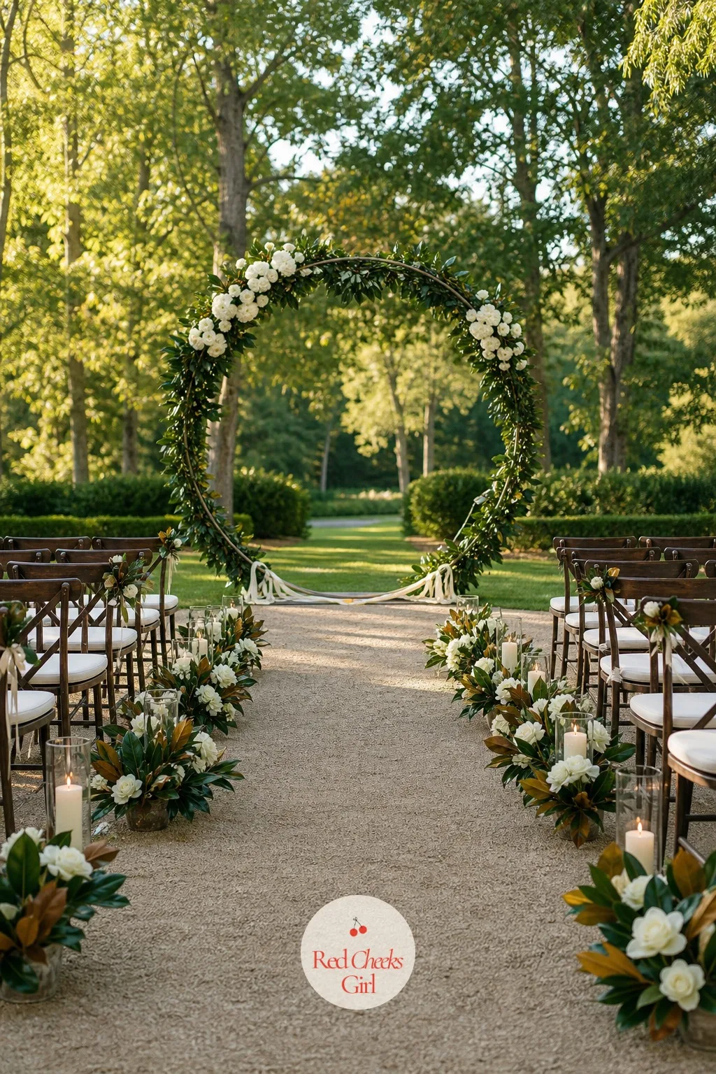 Magnolia Branch Arch — Guests round the corner and the ceremony opens under a magnolia branch arch, glossy leaves catching the light at the front of the aisle.