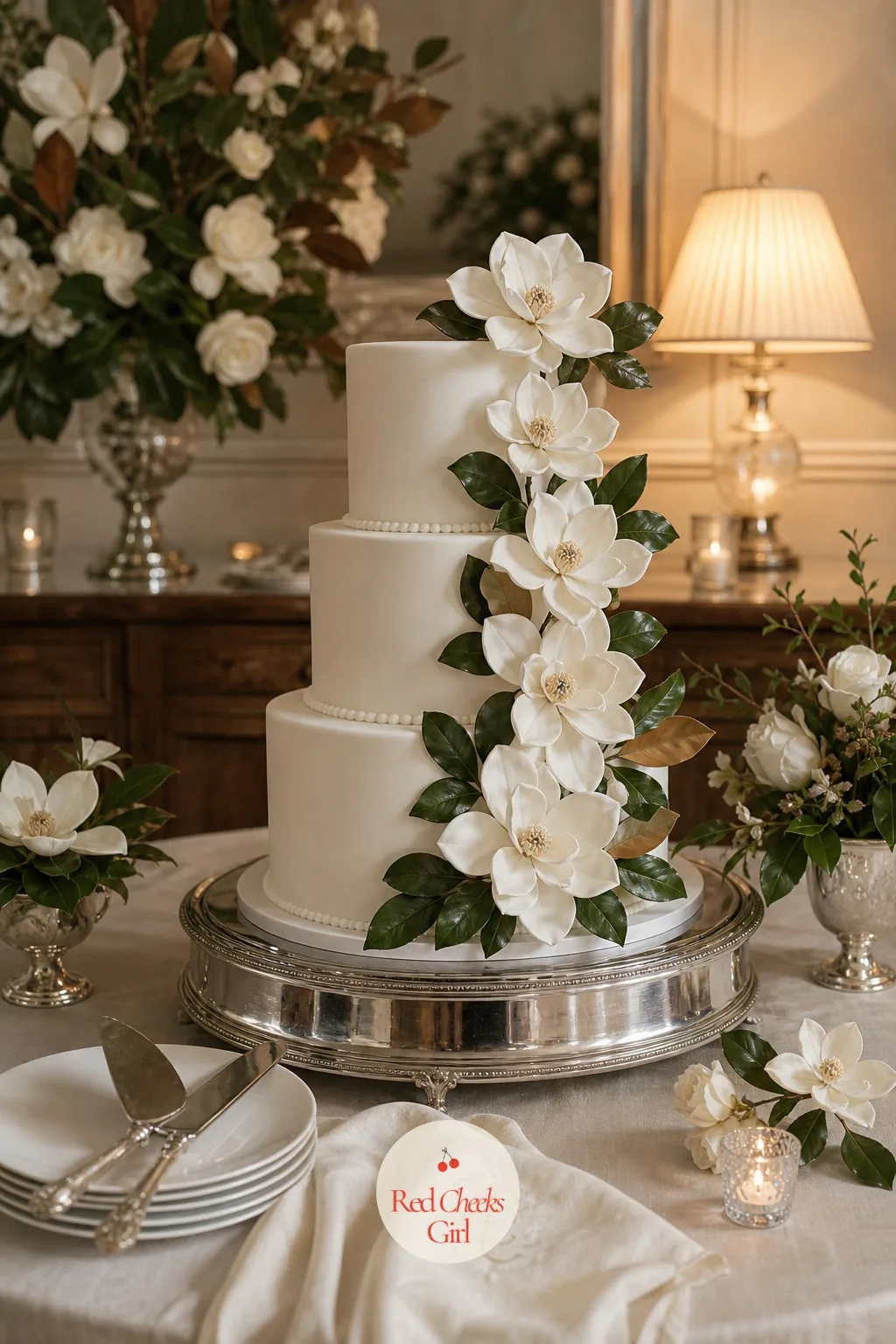 Magnolia Cake with Sugar Flowers — The cake stands wherever the dessert table or its own small corner lets it be seen properly, since this is the one dessert