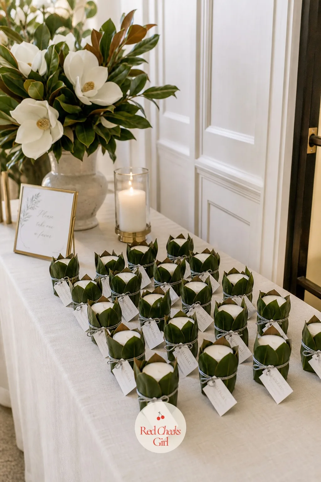Magnolia Candle Favors — By the end of the night, guests want something small to actually take with them, not another trinket that ends up in a drawer.