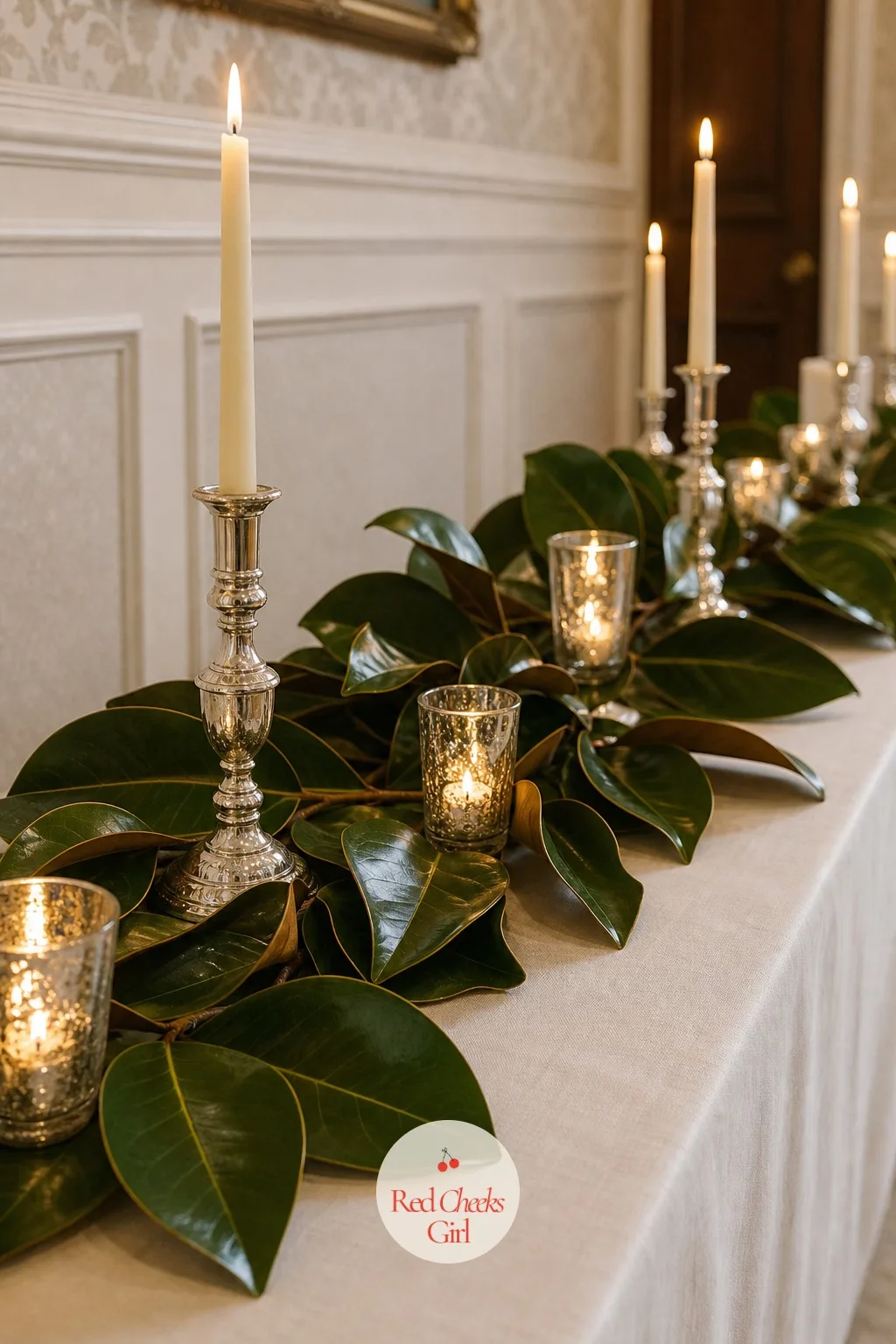 Magnolia Leaf and Silver Candle Runner — Where the garland needs a companion rather than a repeat, a narrower runner of loose magnolia leaves threaded with