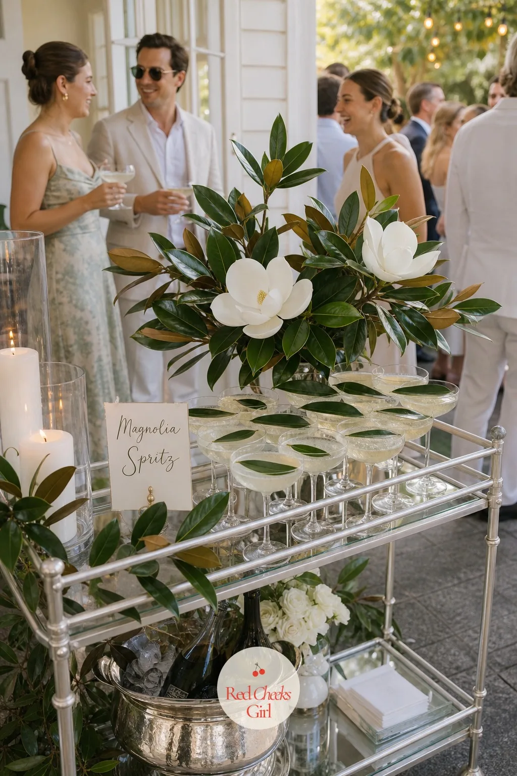Magnolia Spritz Cocktail Station — For the guests who want something with a kick before the toasts, a small bar cart off to one side keeps a signature cocktail