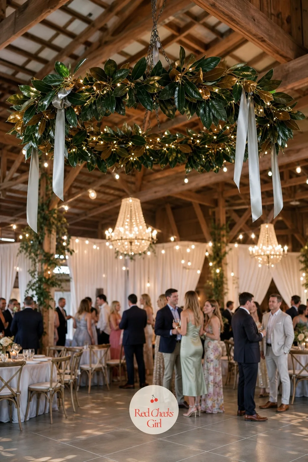 Magnolia Wreath Chandelier Over the Dance Floor — Above the dance floor, where nothing stands on the ground to carry the theme, a wreath hung overhead keeps
