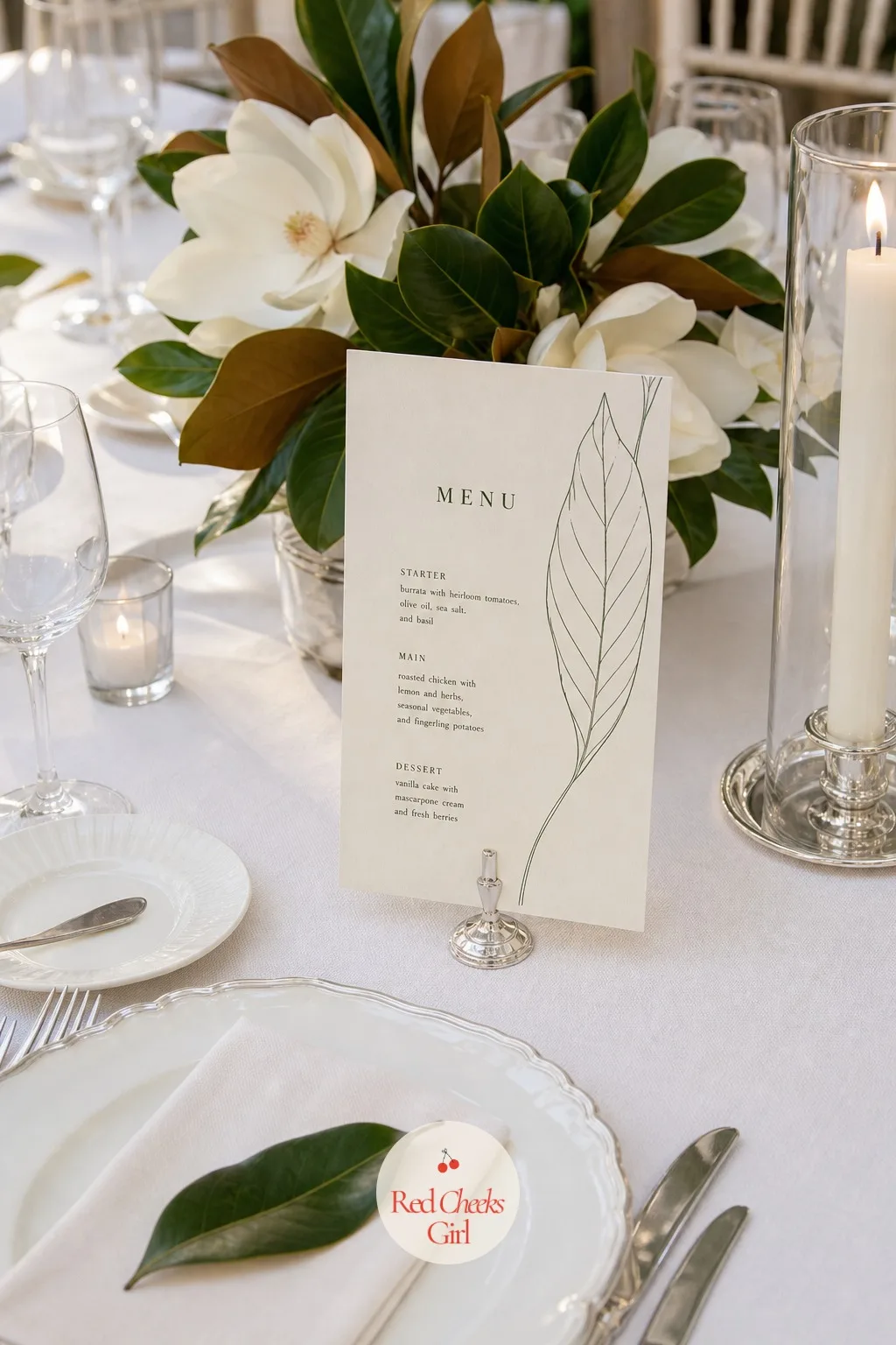 Menu Cards Printed with a Magnolia Leaf — Resting against the glassware or tucked under the napkin, the menu card is the one piece of paper every guest