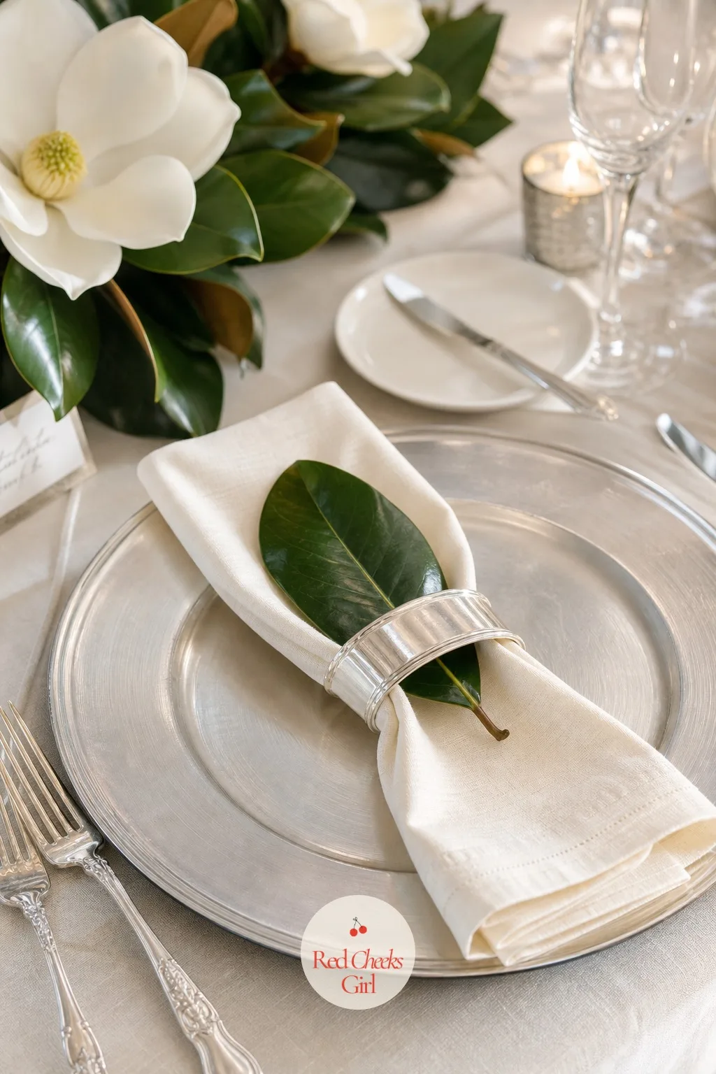 Napkin Fold with a Magnolia Leaf and Silver Ring — The napkin is the smallest textile on the table, and it is worth getting right: pressed cotton, folded once