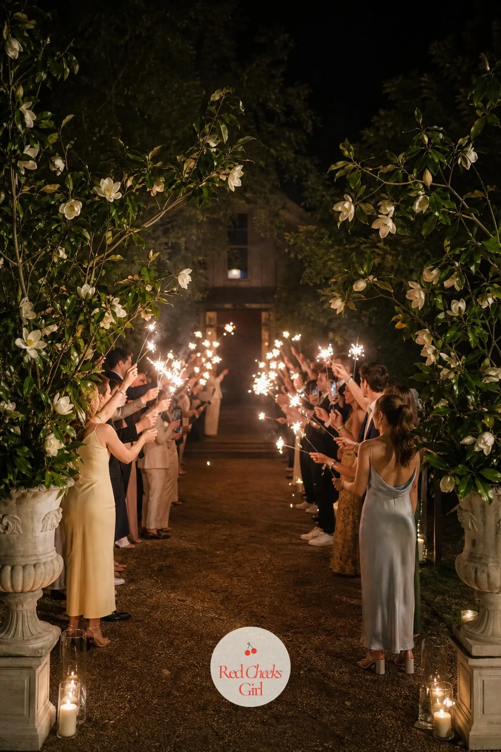 Sparkler Send-Off Framed by Magnolia Branches — The very last scene of the night belongs to the guests lining either side of the exit path, sparklers lit, the