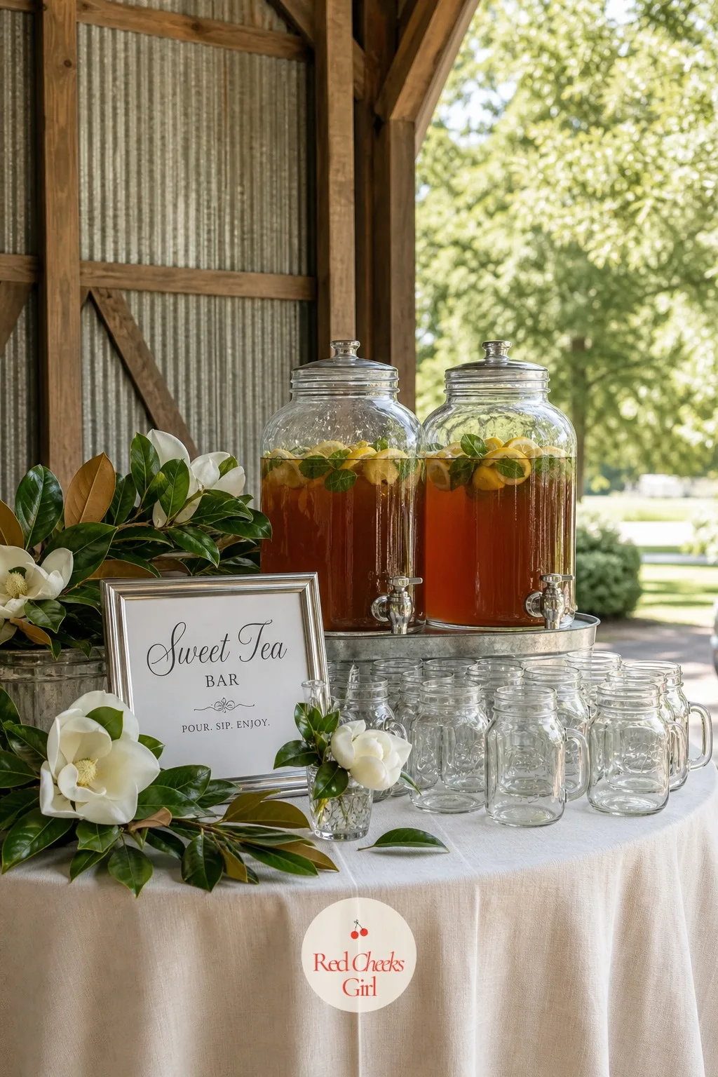 Sweet Tea Bar — This is the part that tells guests exactly where the wedding is from: a self-serve sweet tea bar, somewhere cool, usually near the lawn or the