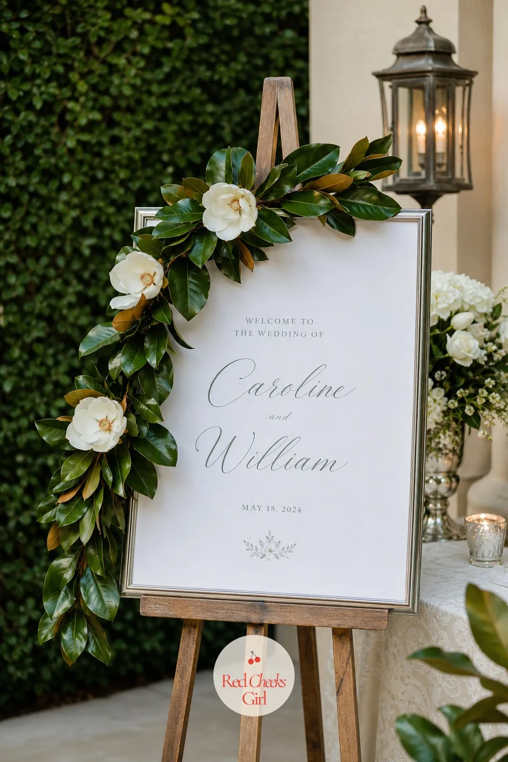 Welcome Sign Framed in Magnolia Leaves — Before anyone finds a seat, they meet the welcome sign, so it needs to say the theme in one glance: names, date, the