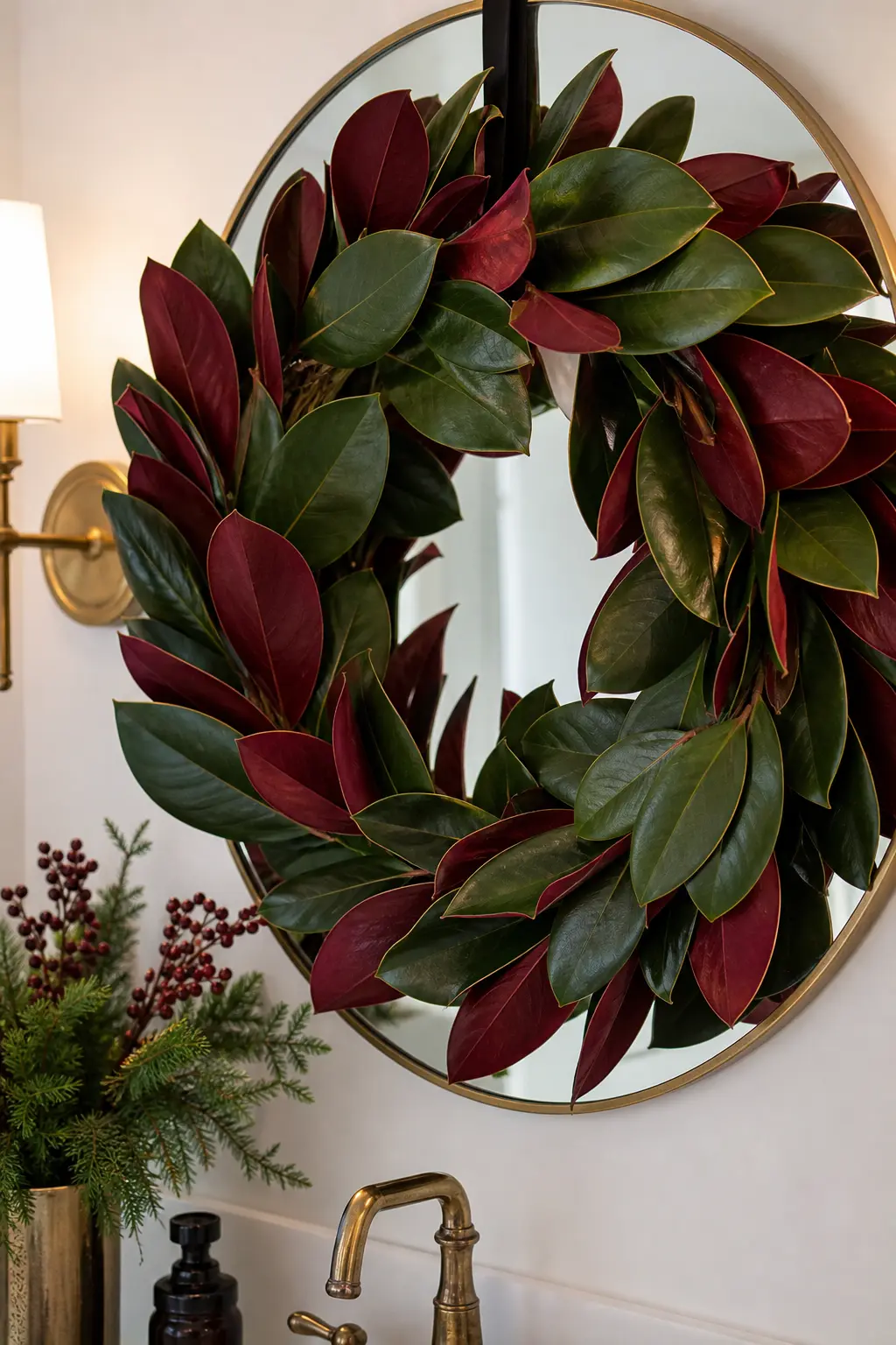 A Burgundy-Tipped Magnolia Wreath for the Powder Room Mirror — A quick dip of each leaf tip in wine-dark floral spray paint turns an otherwise plain magnolia