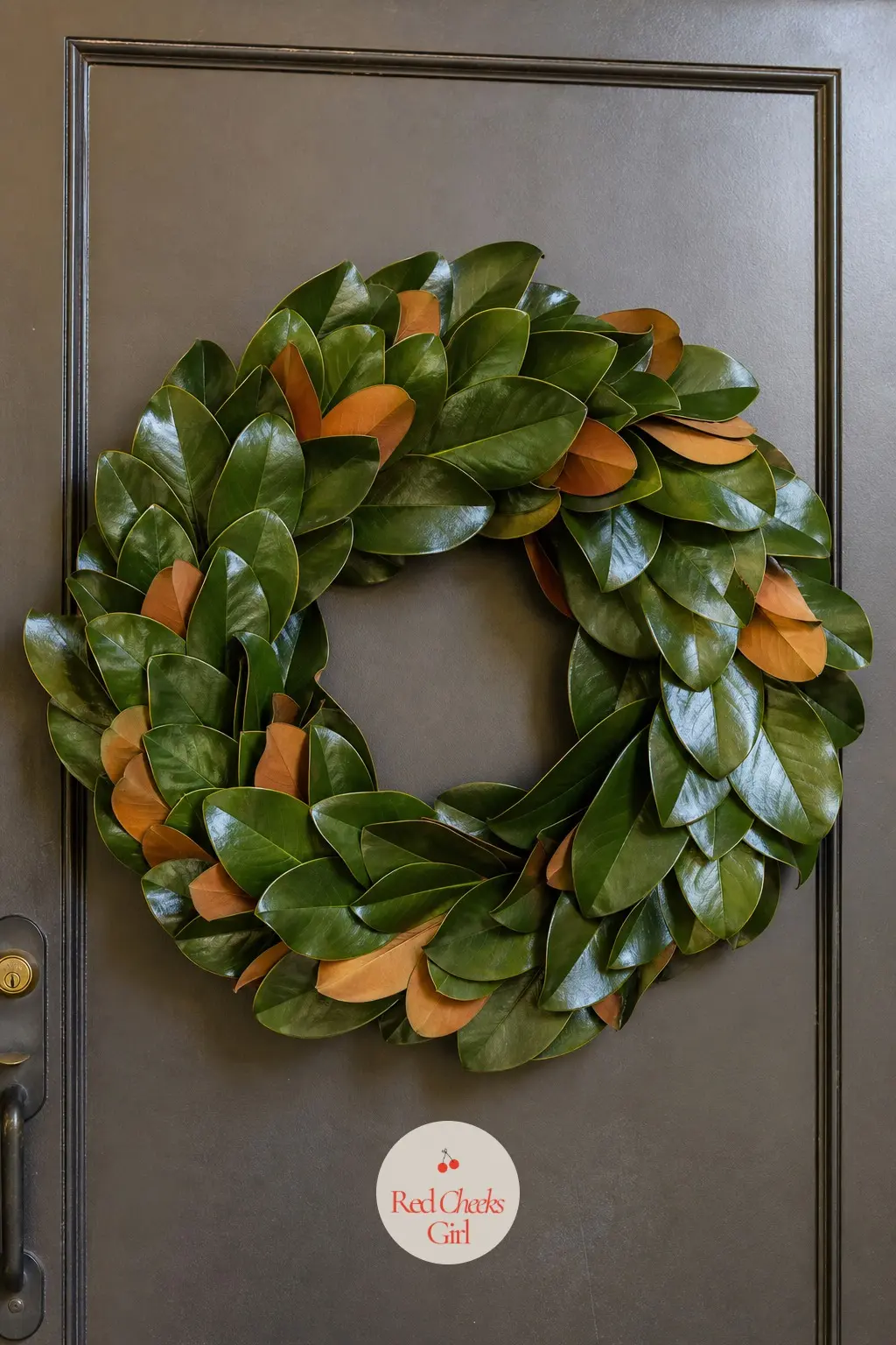 A Flat-Backed Magnolia Wreath for the Apartment Door — Metal apartment doors round out a standard wreath frame and leave it swinging, so this version glues