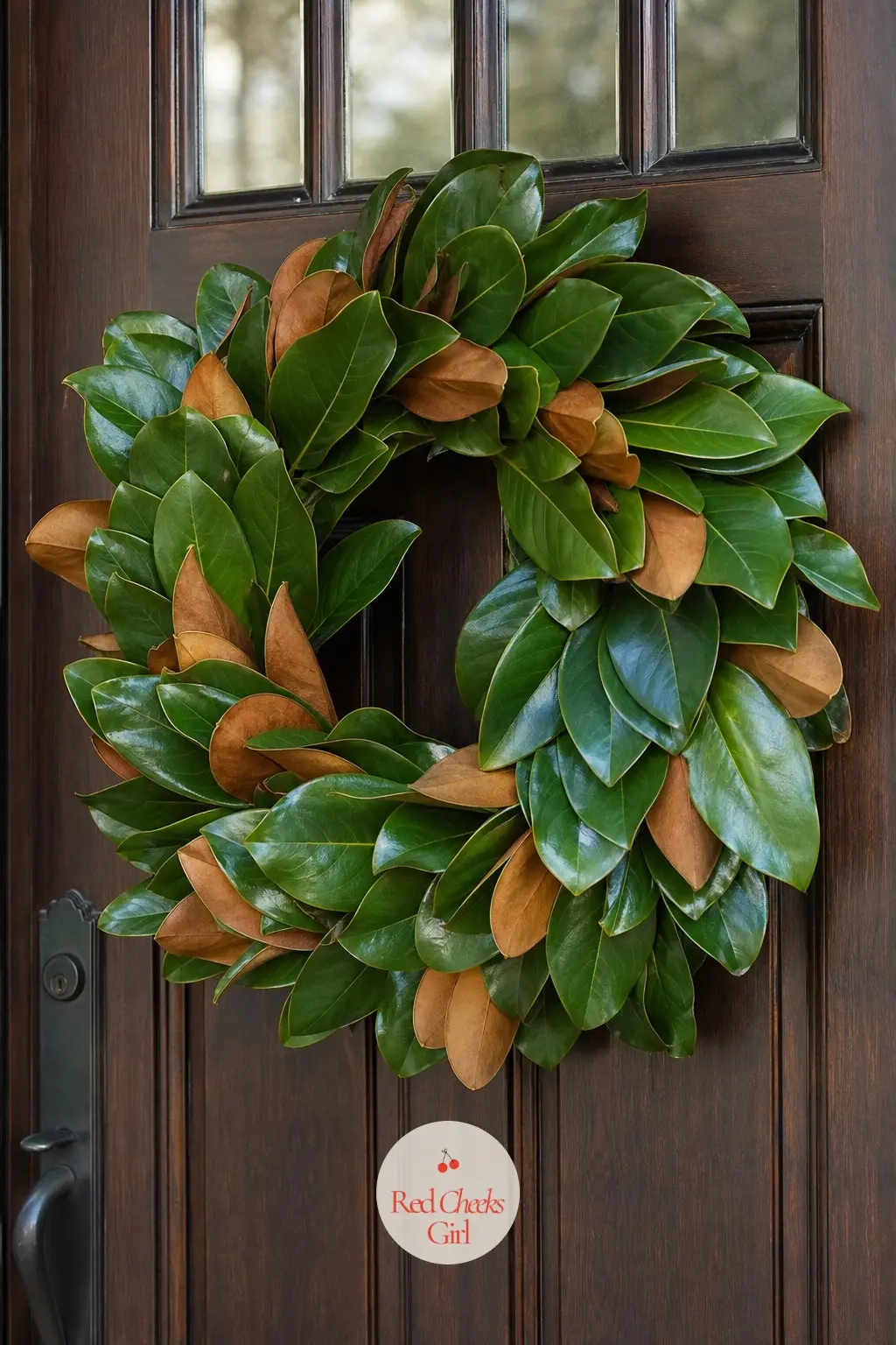 A Fresh-Cut Magnolia Wreath for the Front Door — No glue, no sealant, just branches pushed into a wire or grapevine frame the same day they come off the tree
