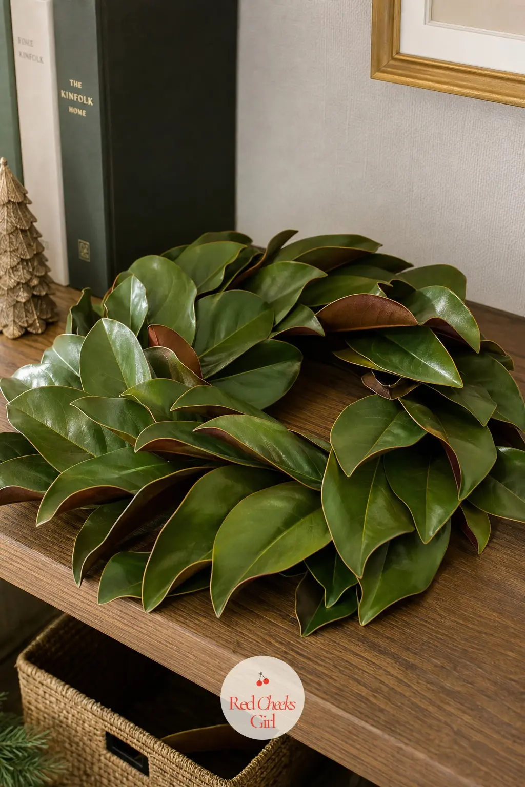 A Glycerin-Preserved Magnolia Wreath for the Home Office Shelf — Glycerin trades a glossy finish for a leathery, pliable one that lasts for seasons rather than