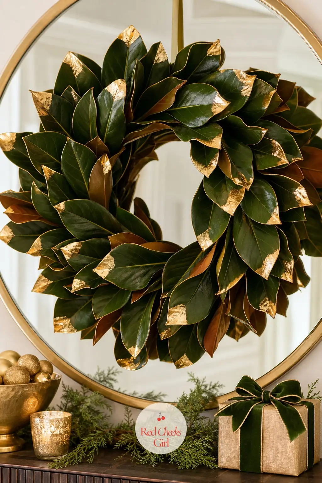 A Gold-Dipped Magnolia Wreath for the Entry Console Mirror — Brushing leafing adhesive onto just the tip of each leaf and pressing on gold leaf flakes turns a