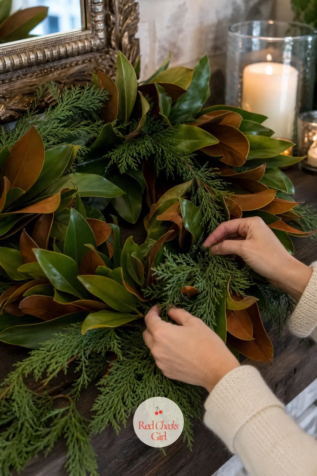 A Magnolia and Cedar Sprig Wreath for the Family Room Mantel — Cedar's blue-green against magnolia's bronze-backed green gives a mantel wreath two cool tones