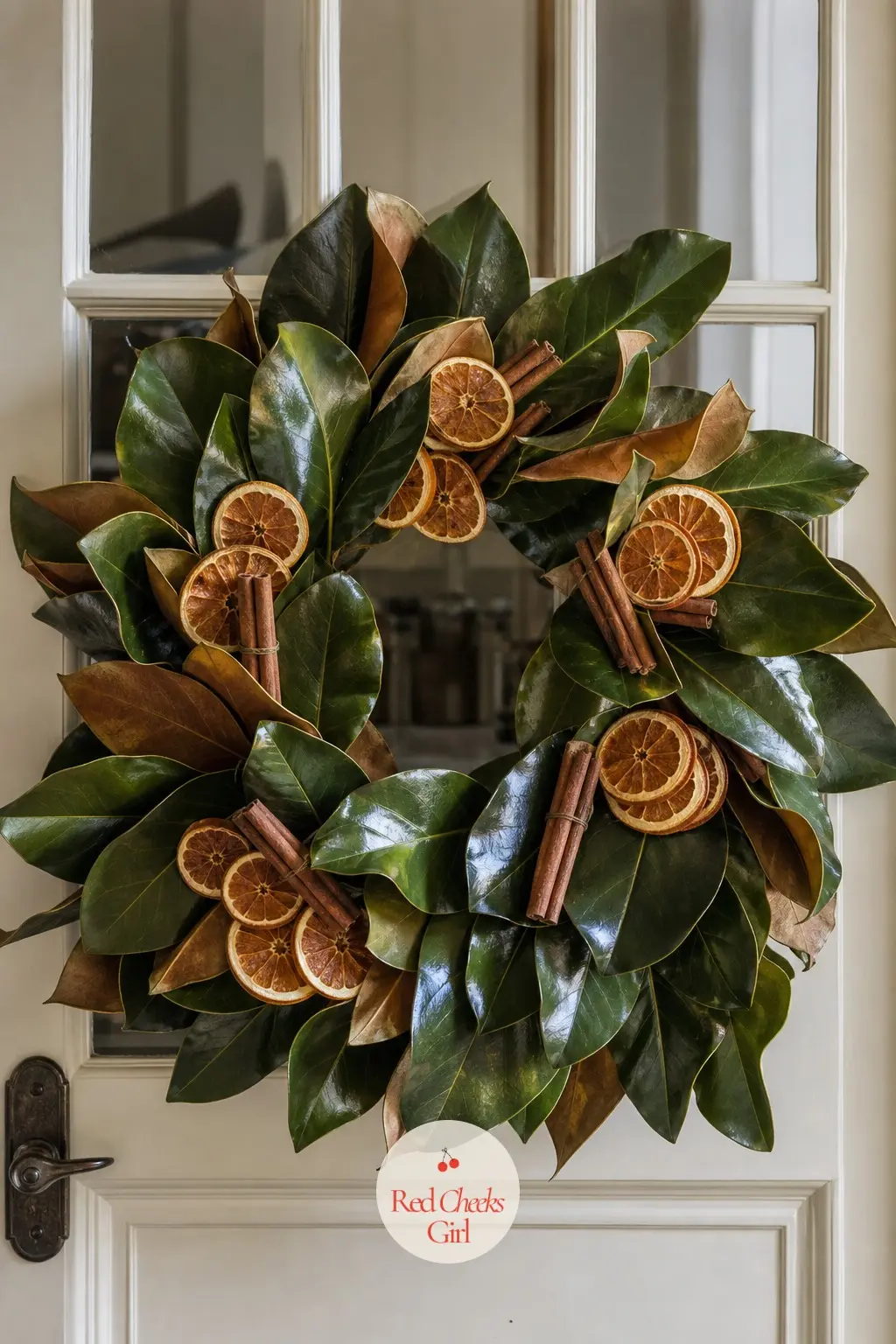 A Magnolia and Dried Orange Slice Wreath for the Kitchen Door — Burnt orange slices and cinnamon sticks tucked between magnolia leaves turn a kitchen door