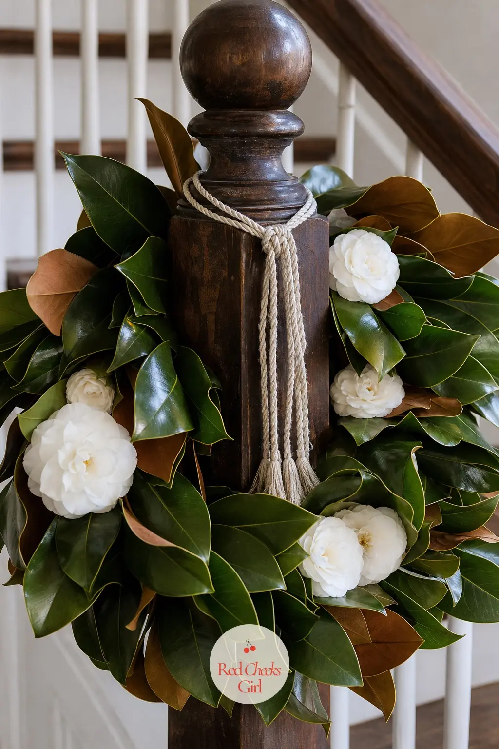 A Magnolia and Fresh Camellia Wreath for the Staircase Newel — A camellia blooming white against deep green magnolia is about as Southern as a wreath gets, and