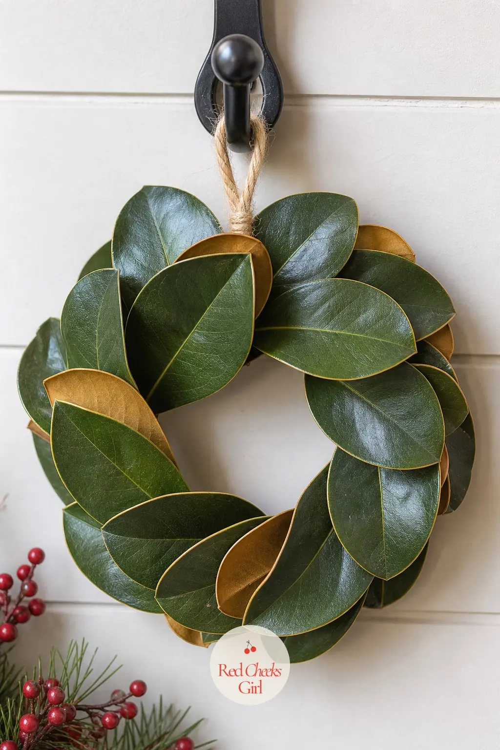 A Mini Magnolia Leaf Wreath for the Mudroom Hook — A full-size wreath overwhelms a mudroom hook meant for coats, so this one runs on an 8 inch frame with