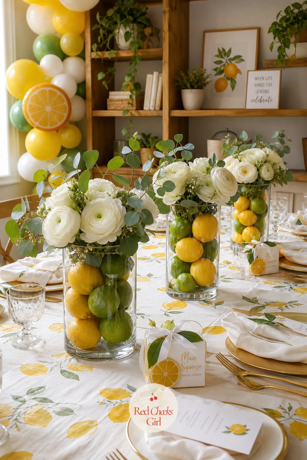 Citrus Centerpieces — Down the centre of the table, between the place settings, the centerpieces do the heaviest colour work. Main squeeze bridal shower theme