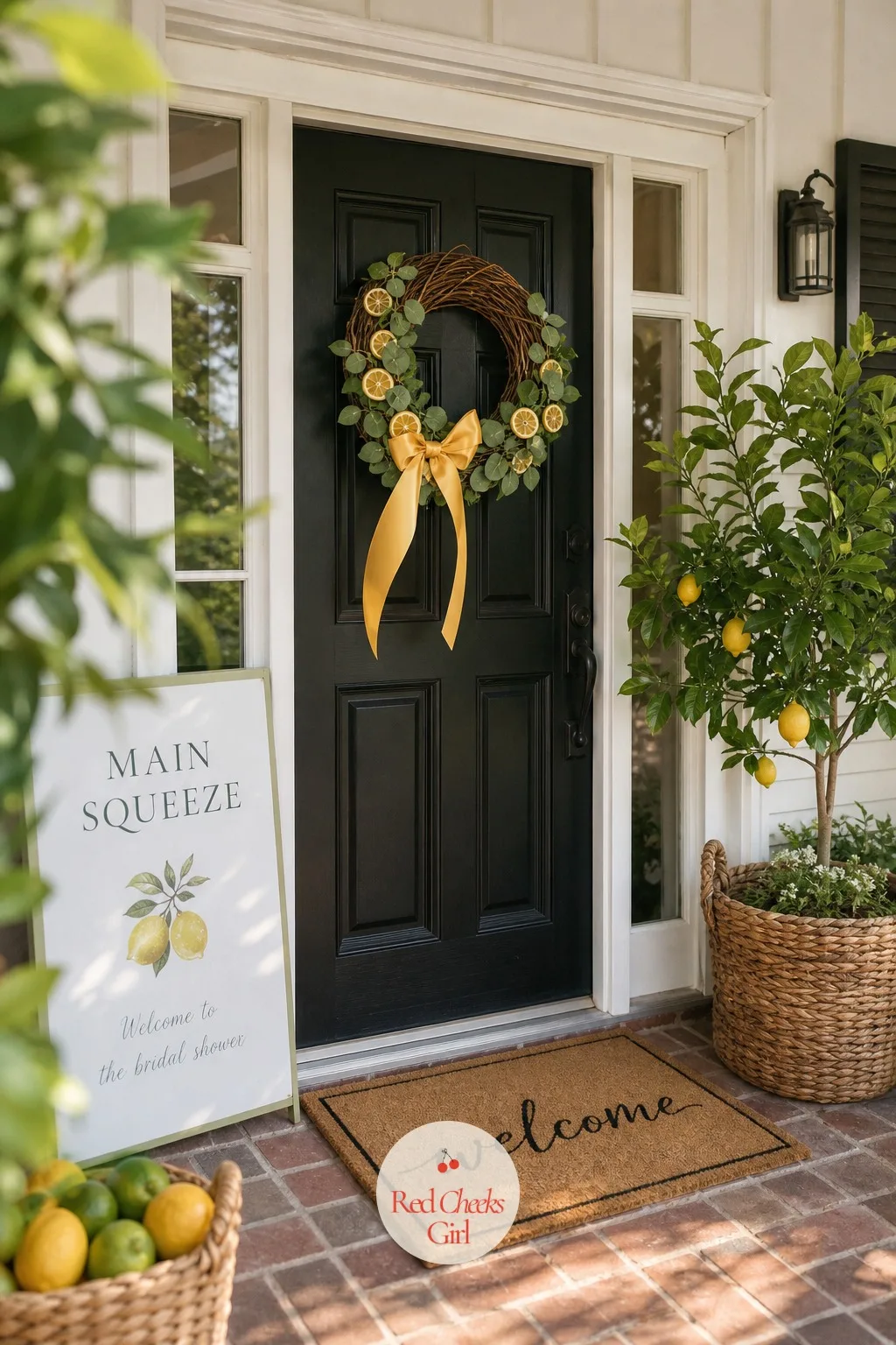 Citrus Wreath At The Door — The theme should announce itself before anyone even rings the bell. Main squeeze bridal shower theme