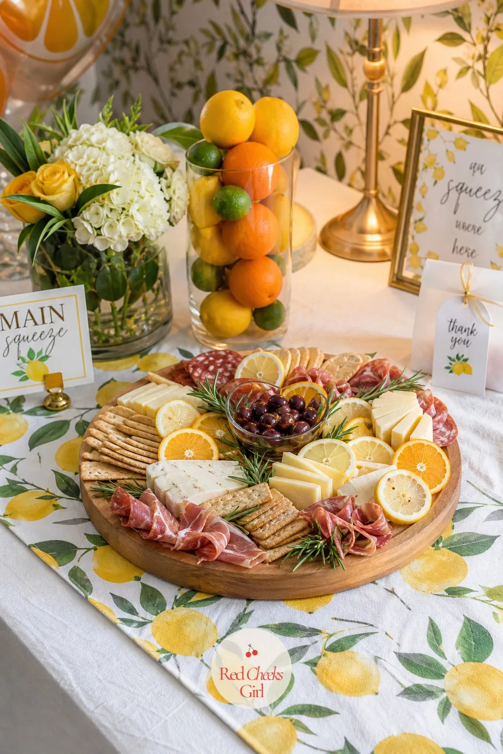 Citrus-Garnished Grazing Board — Not every guest wants sugar all afternoon, and a savoury board gives the table balance while still wearing the theme through