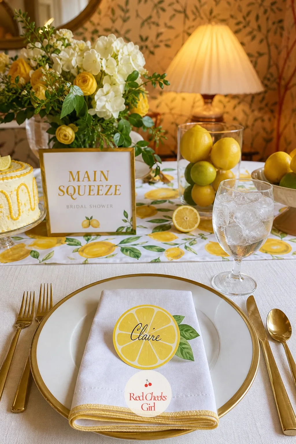 Gold-Rimmed Place Settings With Lemon Place Cards — Each seat should feel chosen, not just filled, and a small place card does that cheaply at the top of every
