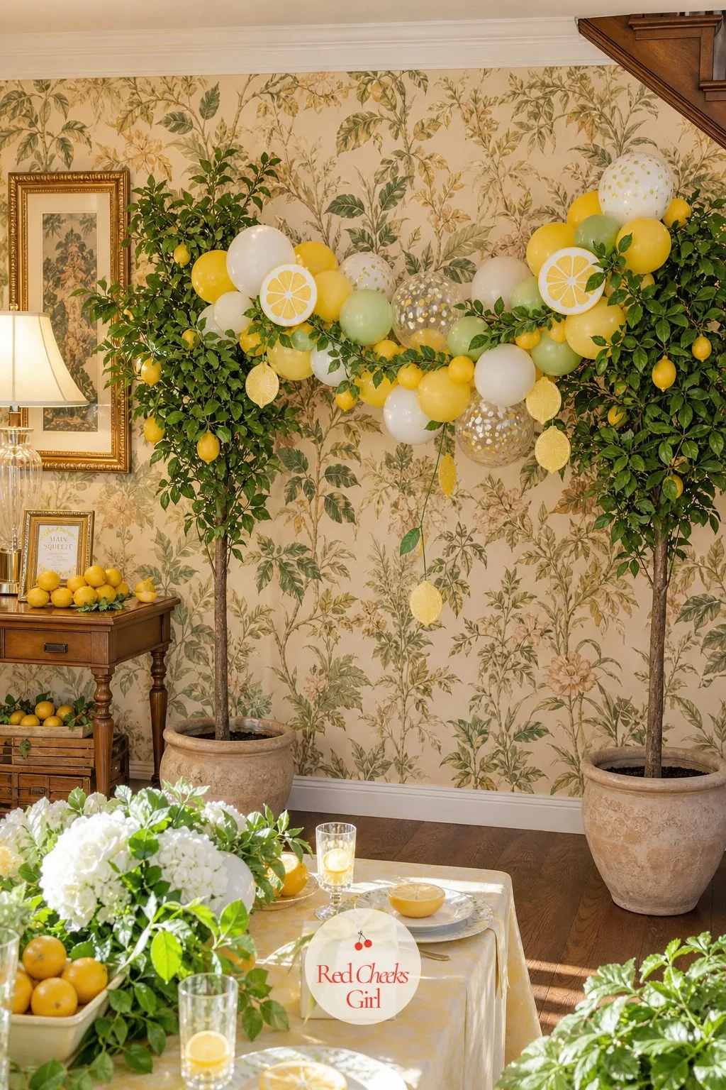 Lemon Tree Backdrop With A Citrus Balloon Garland — She does not need a florist's wall of greenery to make an entrance. Main squeeze bridal shower theme