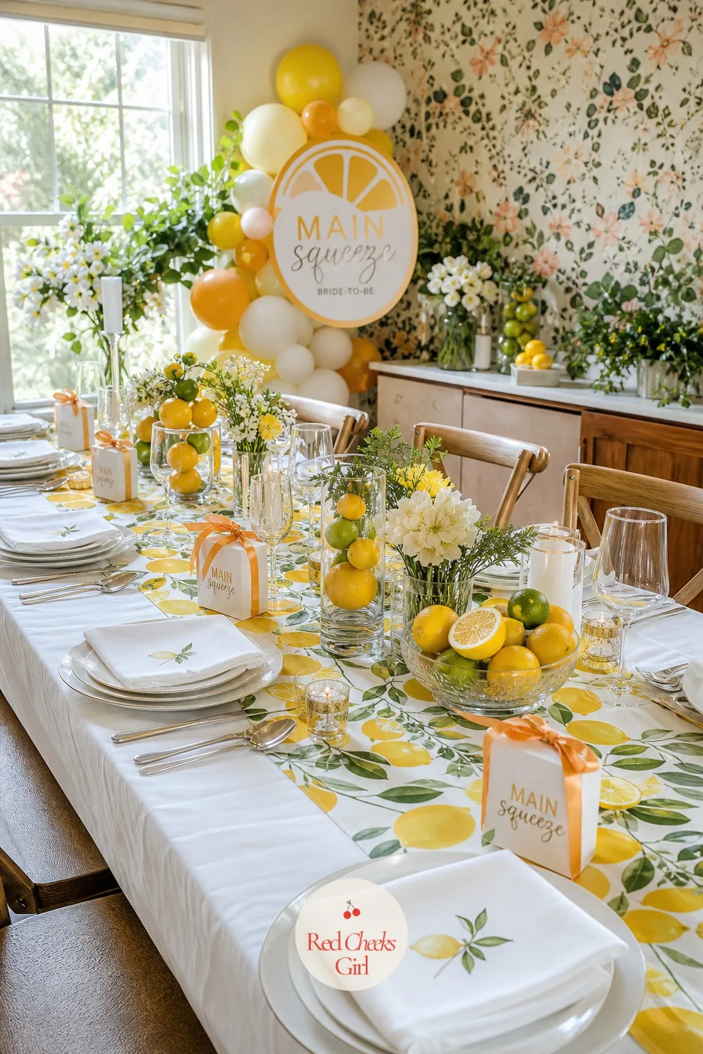 Lemon-Print Tablescape — The table itself should look dressed, not just set, the moment guests walk up to it. Main squeeze bridal shower theme