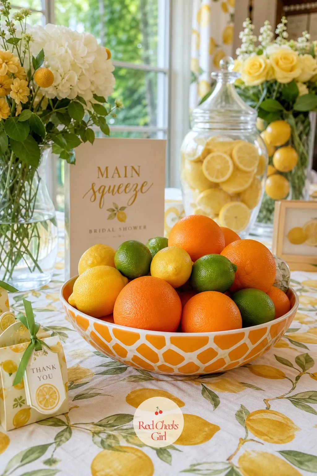 Orange And Lime Accent Bowls — The lemon carries the theme, but a table of nothing but yellow starts to look flat under warm lamps. Main squeeze bridal shower