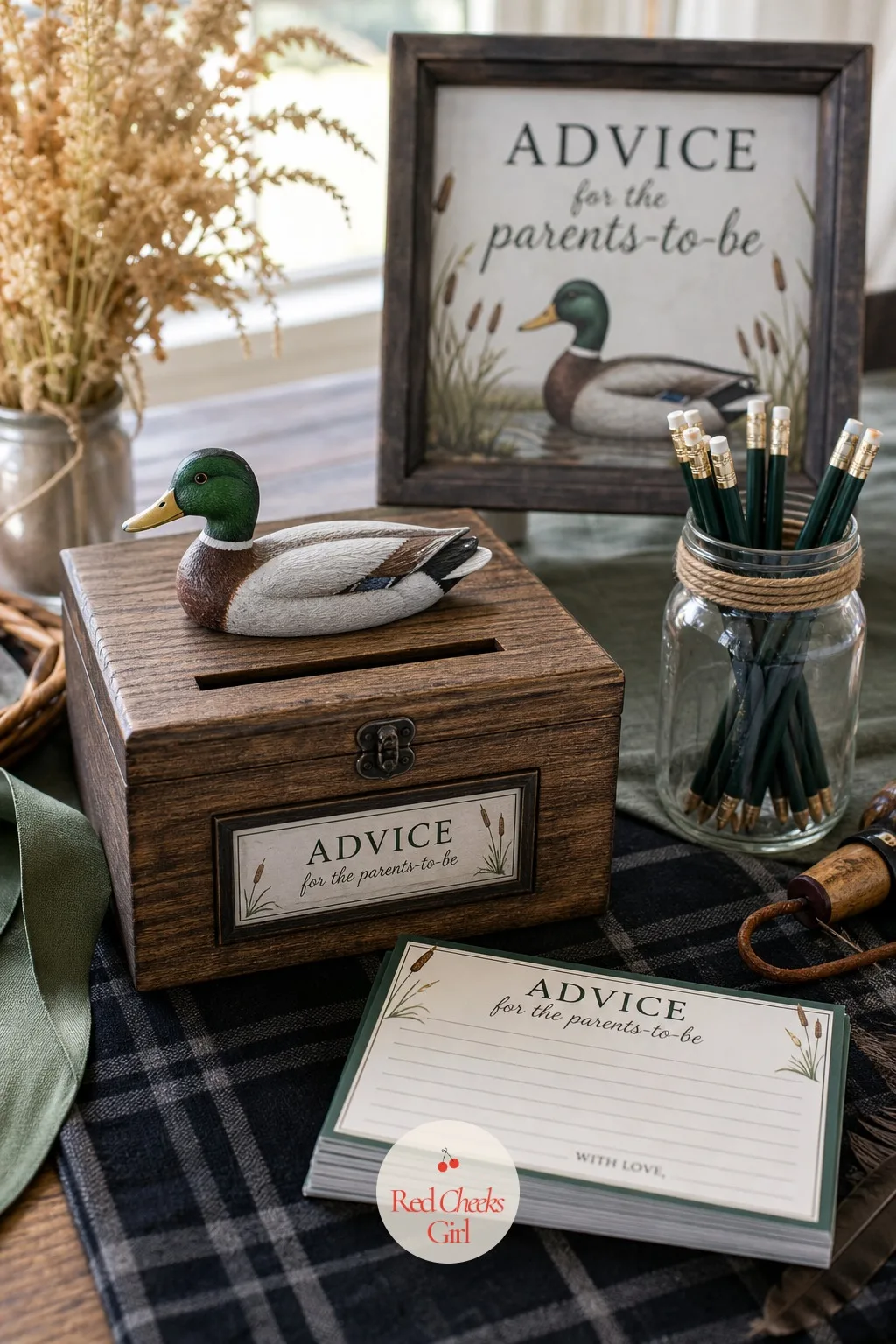 Advice Cards in a Decoy Duck Keepsake Box — A guest book nobody reads again is a wasted stack of paper. Mallard duck baby shower ideas