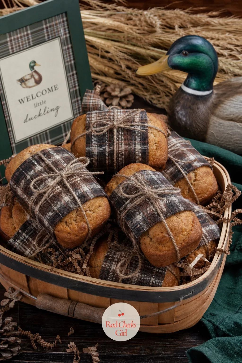 Brown Butter Cornbread Loaves Wrapped in Plaid Ribbon — Nobody expects bread at a baby shower, which is exactly why a basket of it disappears first. Mallard