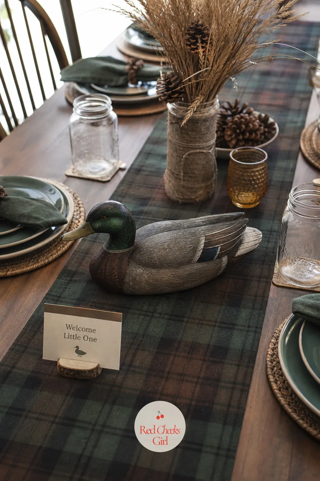 Buffalo Plaid Table Runner — A bare white tablecloth under all this wood and feather looks like an afterthought. Mallard duck baby shower ideas